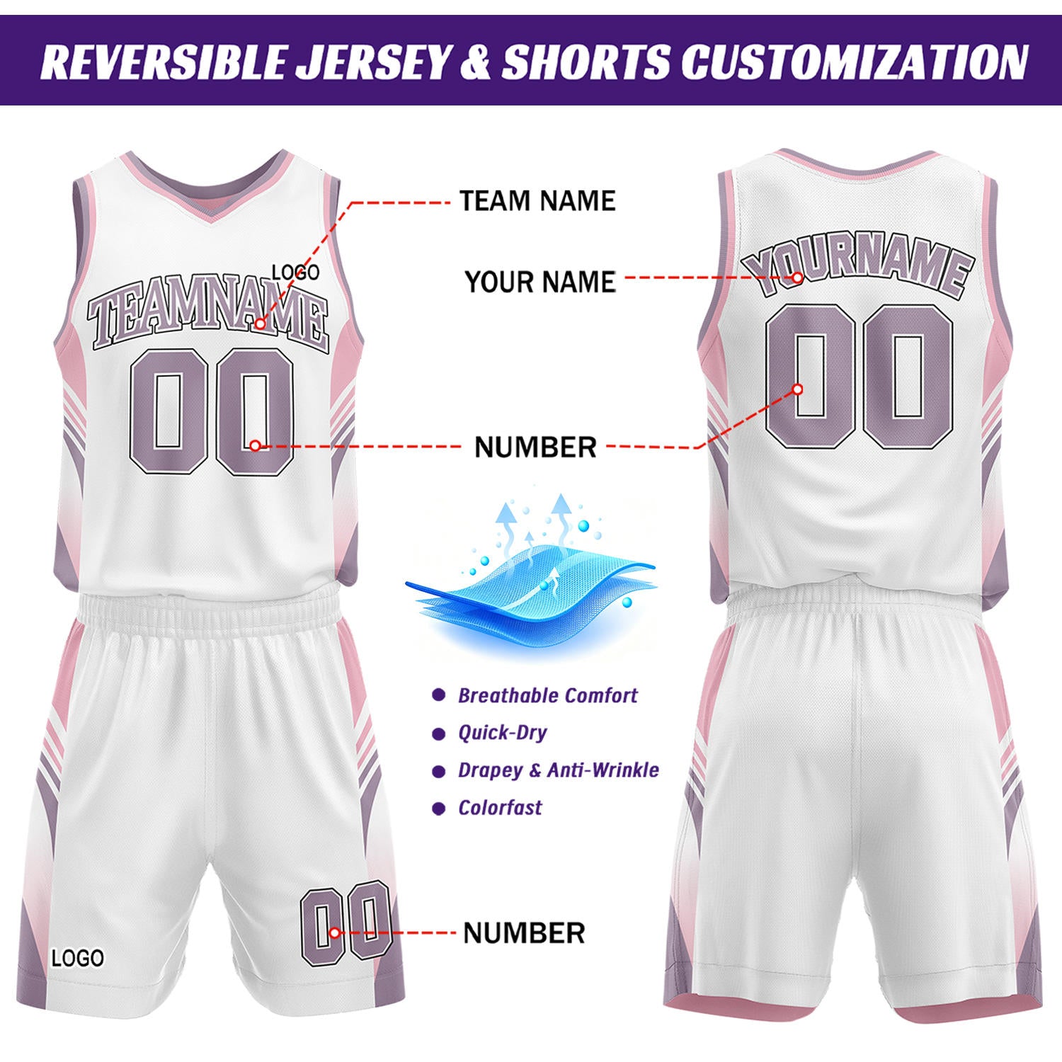 Custom Pink & White Reversible Basketball Uniform Set | Personalized Team Jersey Kit