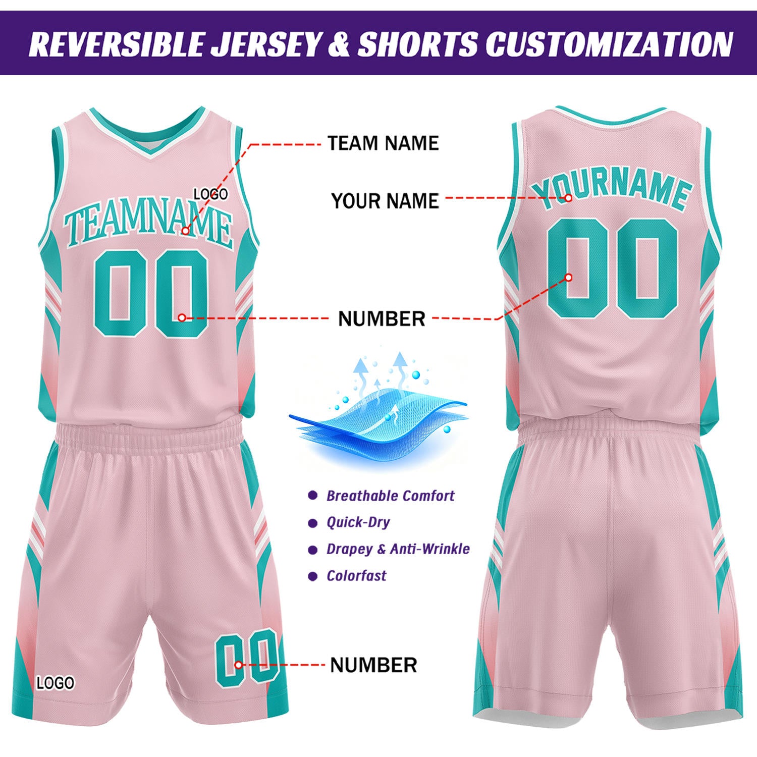 Custom Pink & White Reversible Basketball Uniform Set | Personalized Team Jersey Kit