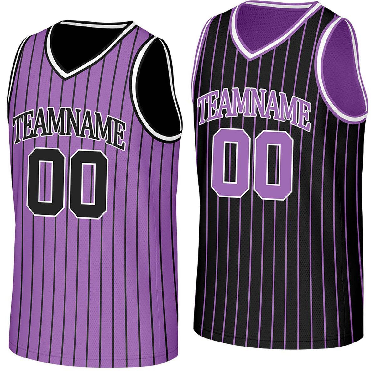 Custom purple &amp; black pinstripe reversible basketball jersey by Vosoli | Personalized team name, number &amp; logo | Breathable mesh reversible sport jersey