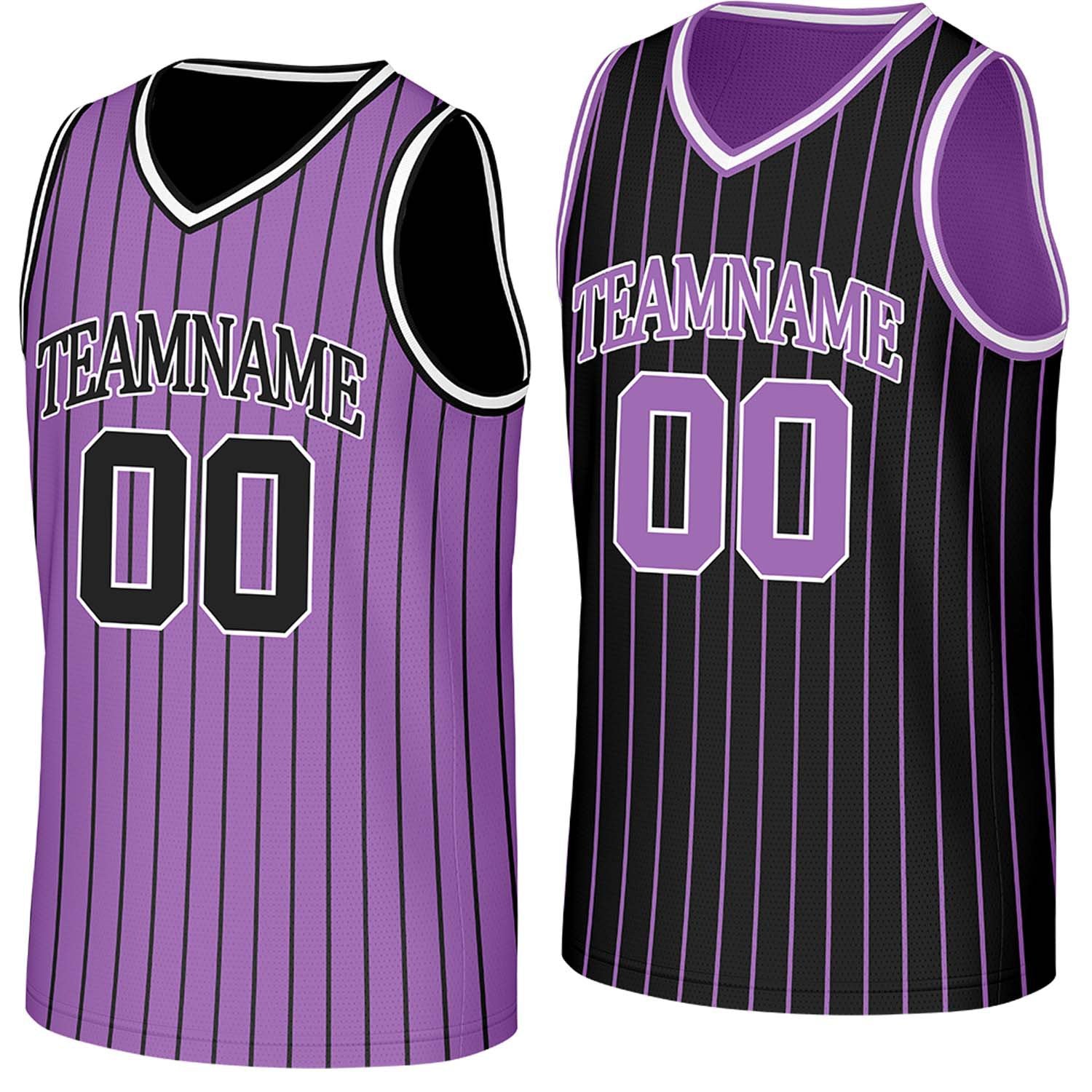 Custom purple & black pinstripe reversible basketball jersey by Vosoli | Personalized team name, number & logo | Breathable mesh reversible sport jersey