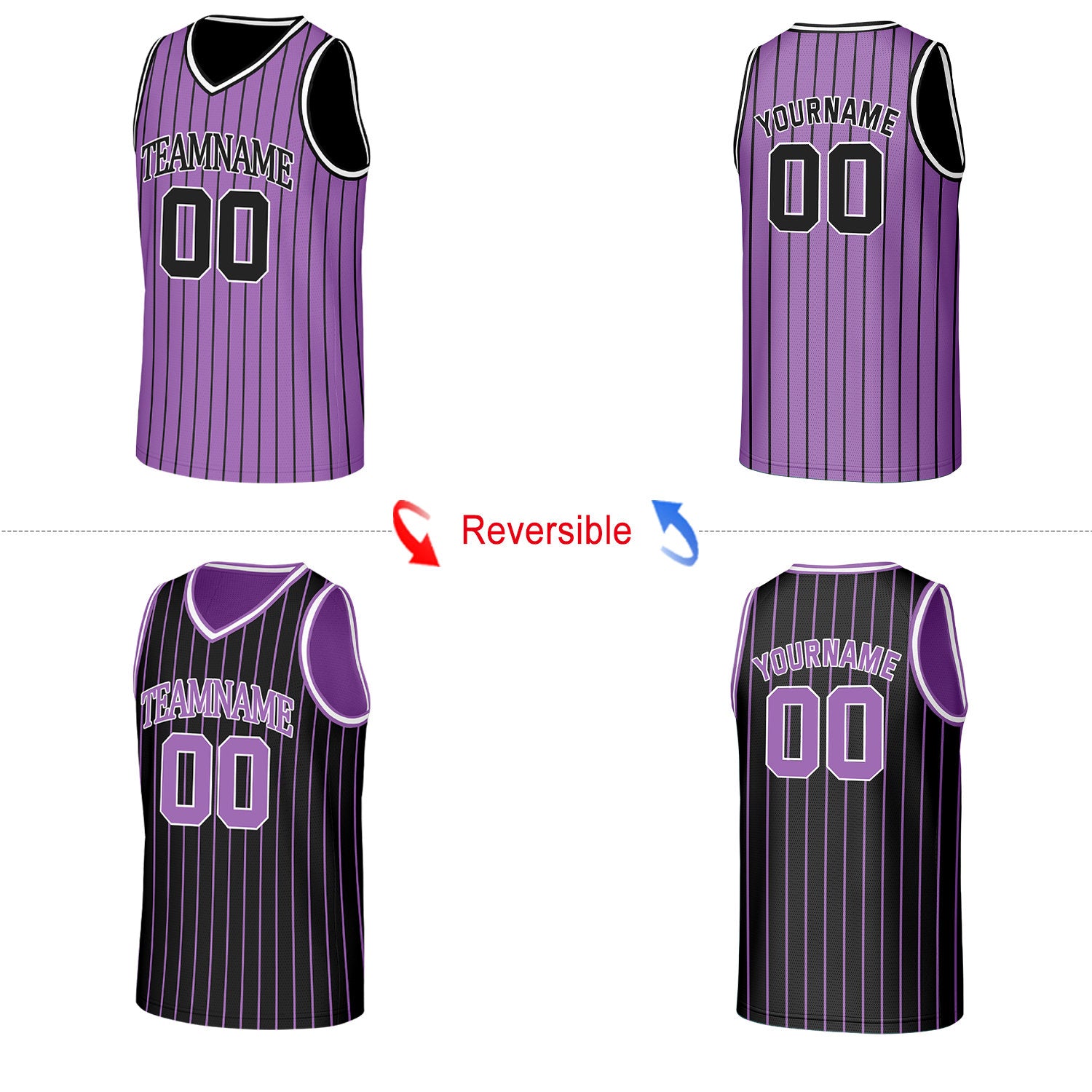 Custom Purple & Black Pinstripe Reversible Basketball Jersey | Personalized Name Number Mesh Sports Jersey