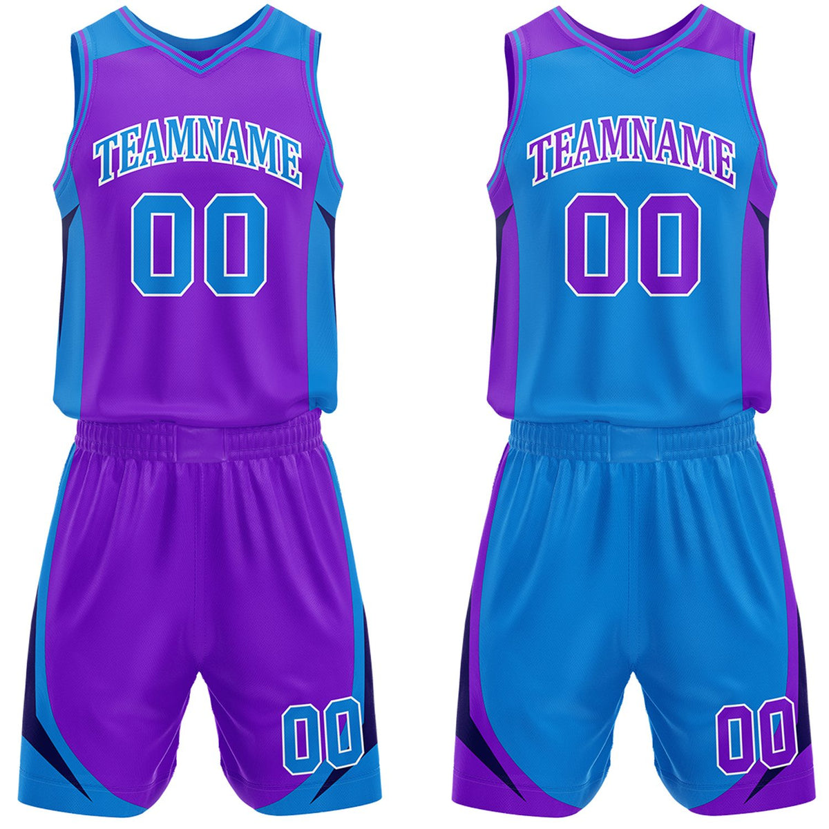 Custom purple and bright blue reversible basketball uniform by Vosoli. Personalized with team name, number, and logo. Breathable mesh jersey and shorts for high school, college, and AAU teams.