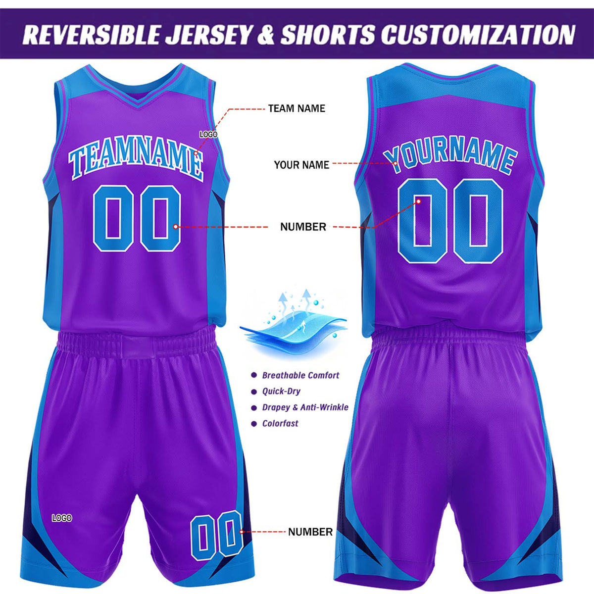 Custom Purple & Bright Blue Reversible Basketball Jersey Short Set | Personalized Team Uniforms Set for Adult Youth