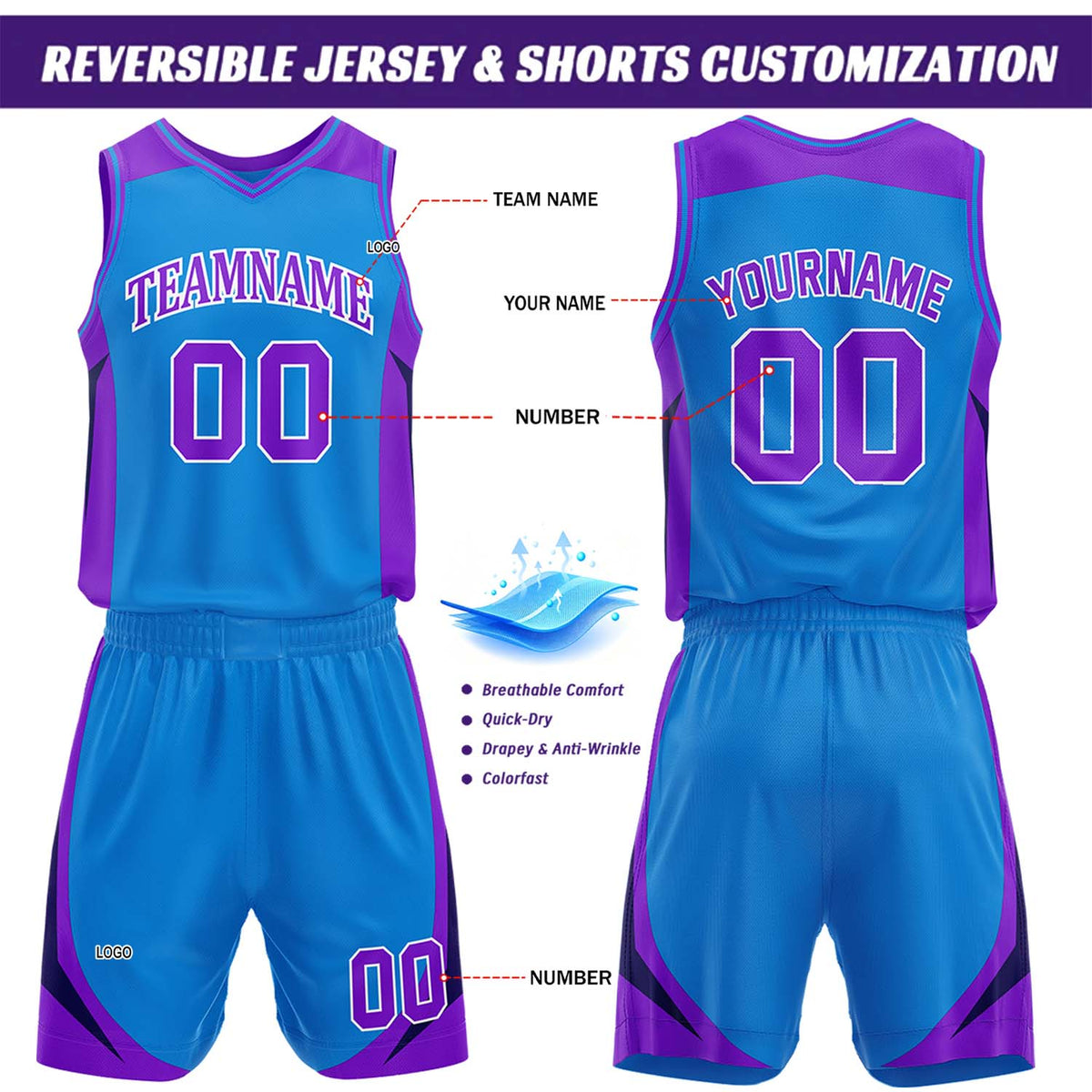 Custom Purple & Bright Blue Reversible Basketball Jersey Short Set | Personalized Team Uniforms Set for Adult Youth