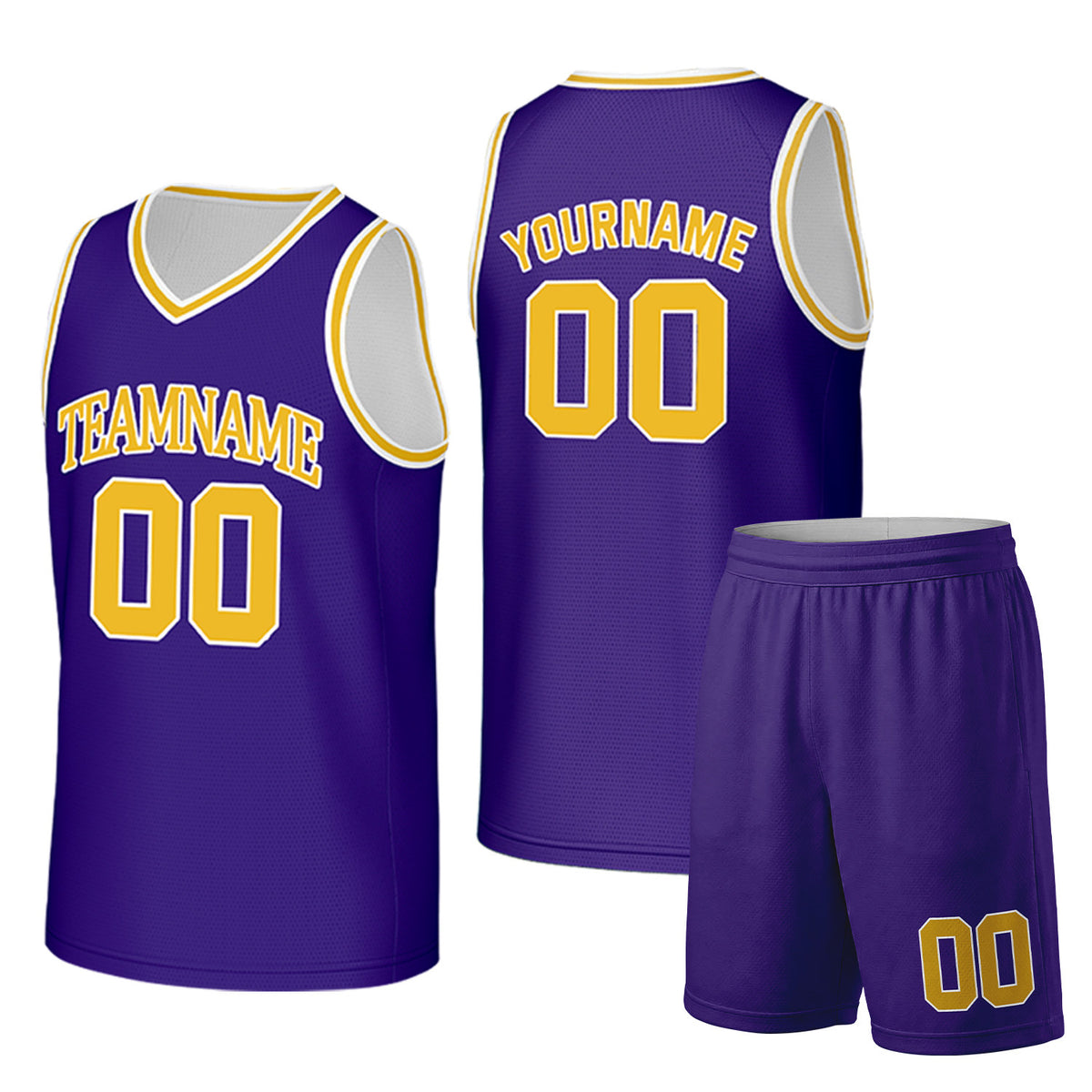 Custom purple and gold basketball uniform set by Vosoli. Personalized team name, player name, number and logo. Breathable mesh jersey and shorts for high school, college and AAU teams.