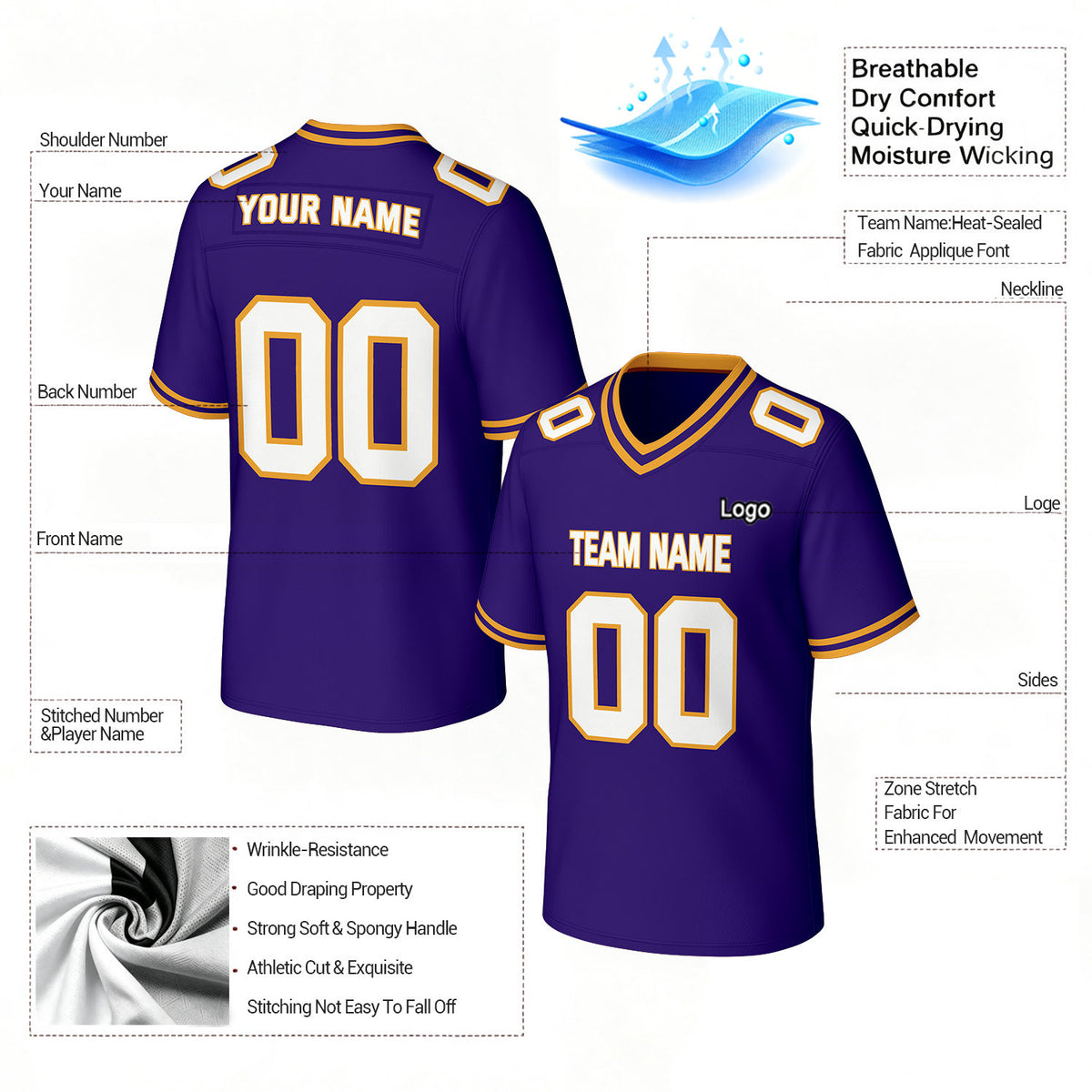 Custom Purple & Gold Football Jersey | Personalized Football Team Uniform Top