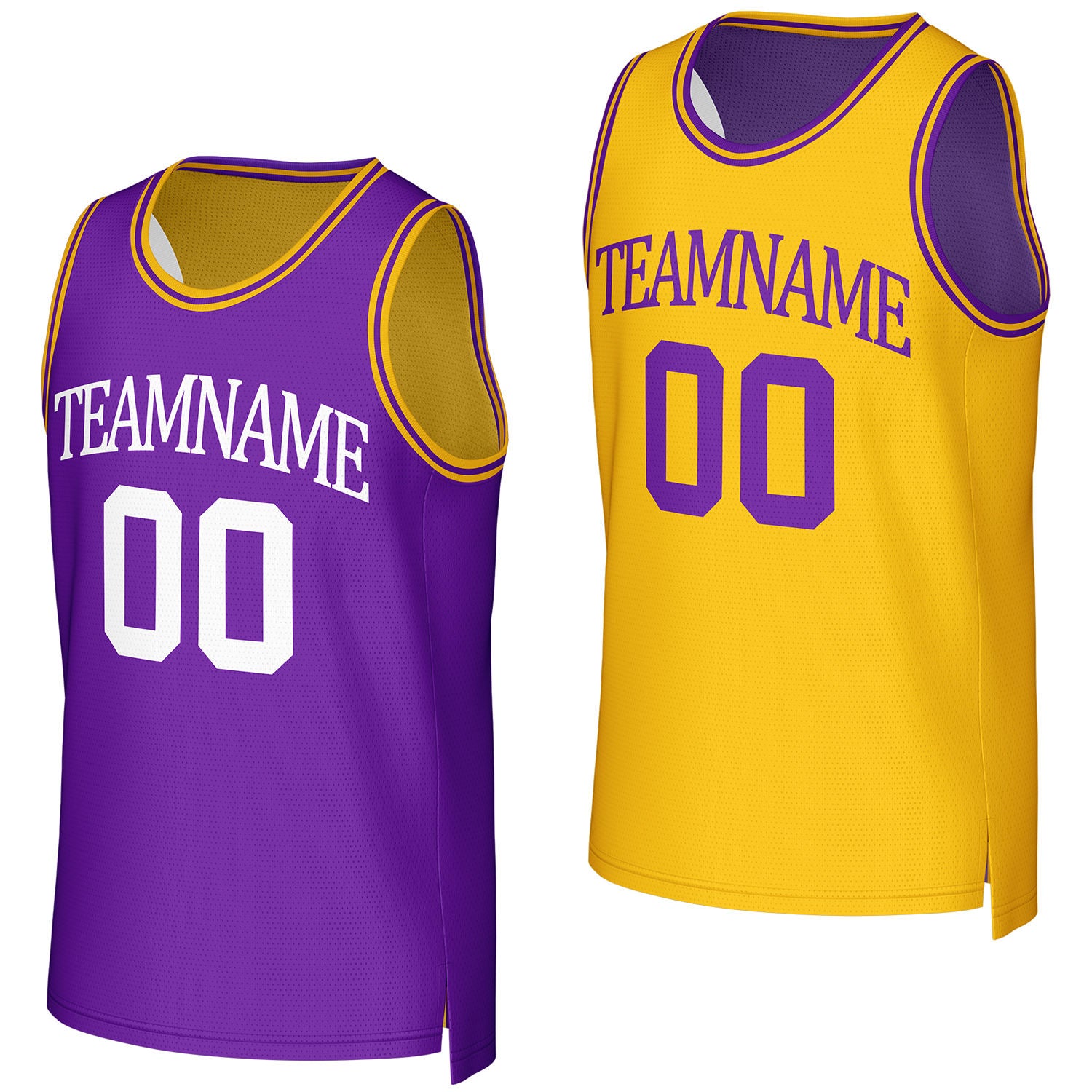 Custom purple & gold reversible basketball jersey by Vosoli. Personalized with team name, number, and logo. Breathable mesh jersey for high school, college, AAU teams.