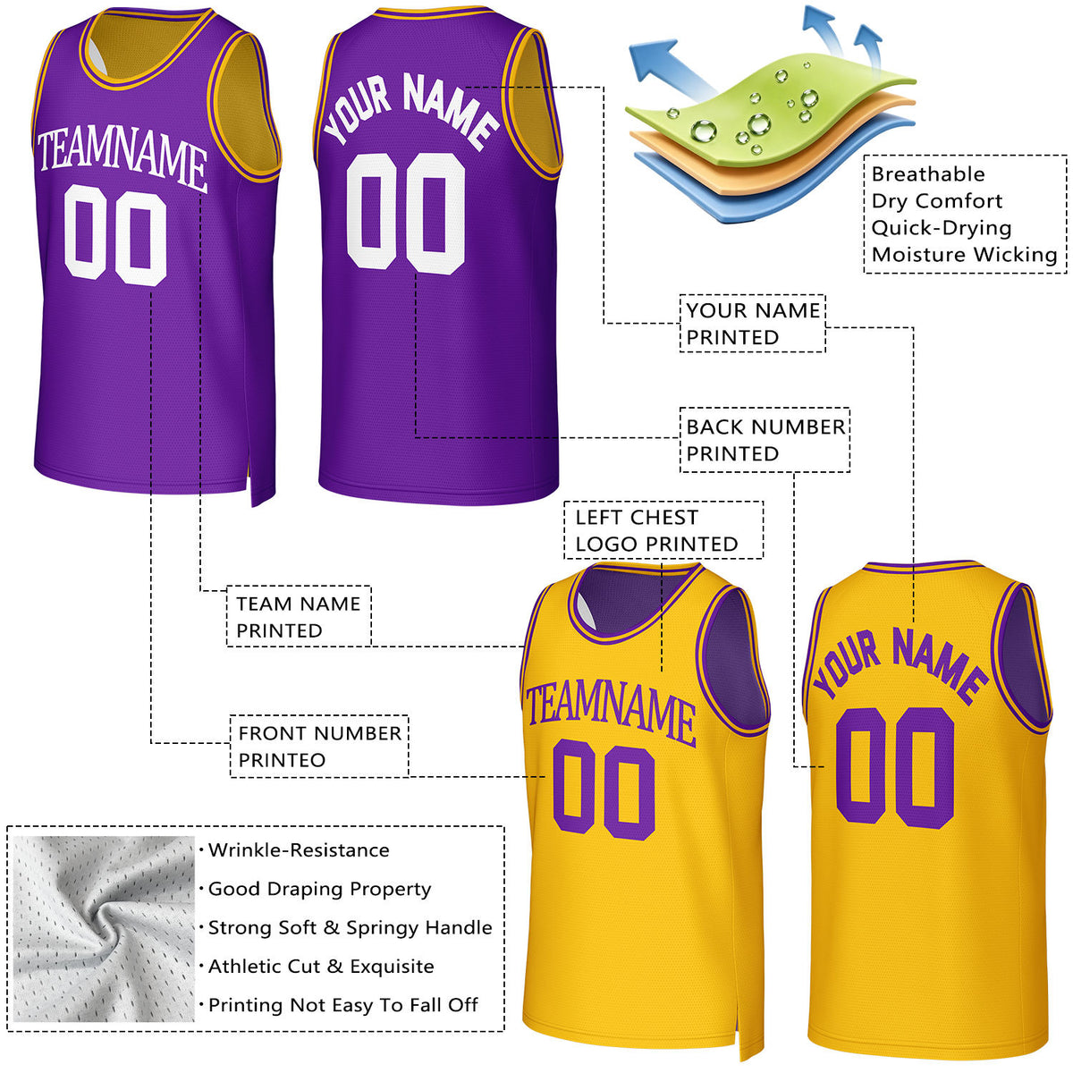 Custom Purple & Gold Reversible Basketball Jersey | Personalized Team Uniform Top