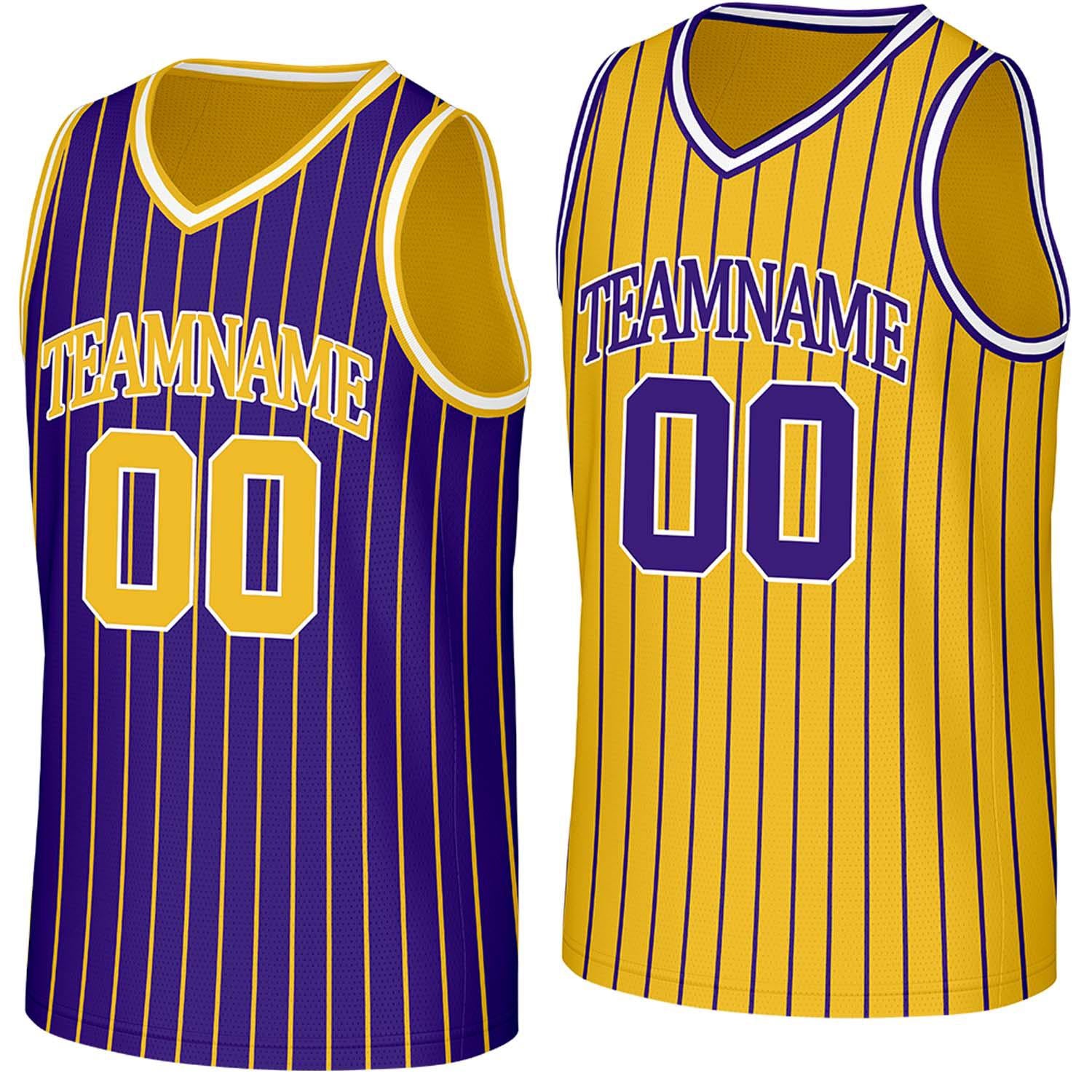Custom purple & gold pinstripe reversible basketball jersey by Vosoli | Personalized team name, number & logo | Breathable mesh reversible sport jersey