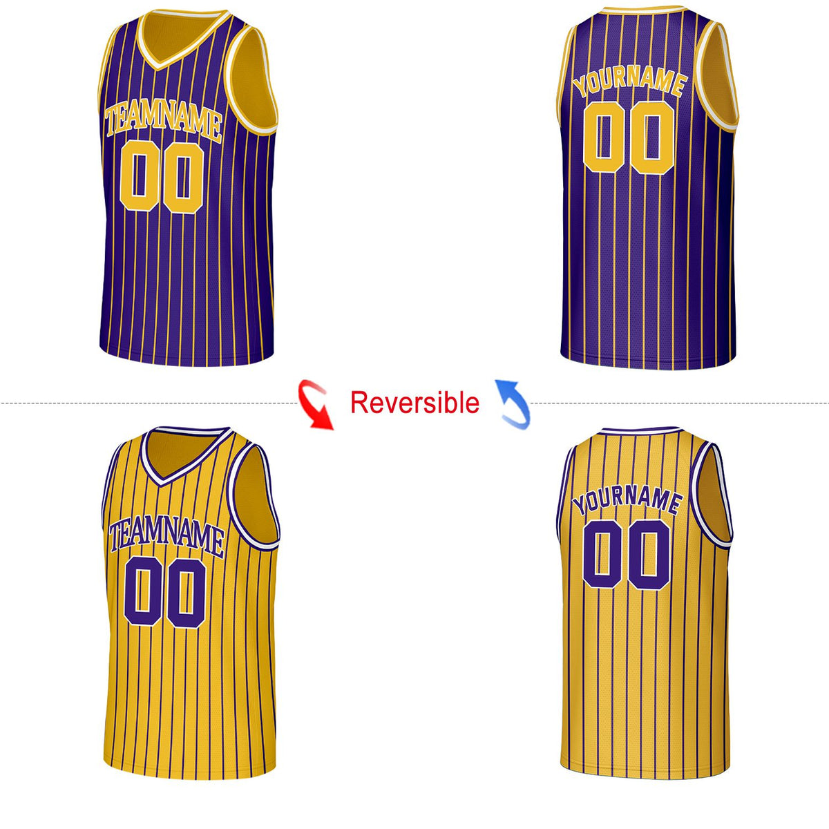 Custom Purple & Gold Pinstripe Reversible Basketball Jersey | Personalized Name Number Mesh Sports Jersey