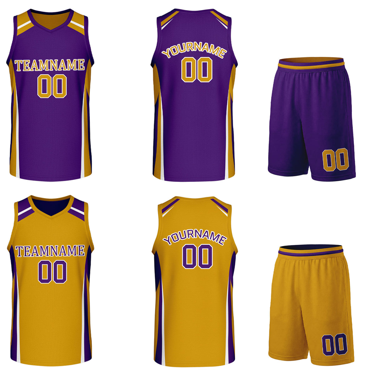 Custom purple and gold reversible basketball uniform by Vosoli. Personalized with team name, number, and logo. Breathable mesh jersey and shorts for high school, college, and AAU teams.