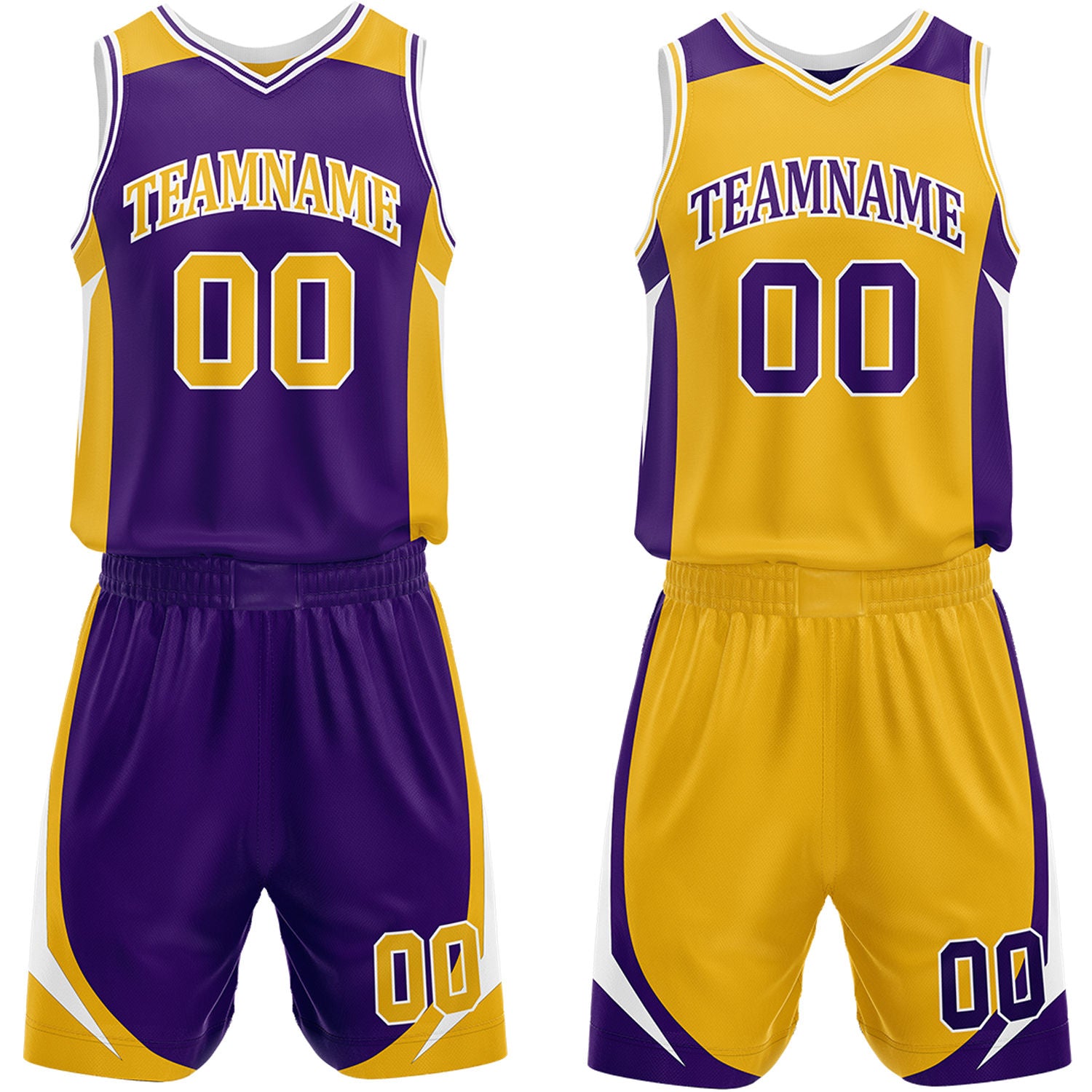 Custom purple and gold reversible basketball uniform by Vosoli. Personalized with team name, number, and logo. Breathable mesh jersey and shorts for high school, college, and AAU teams.