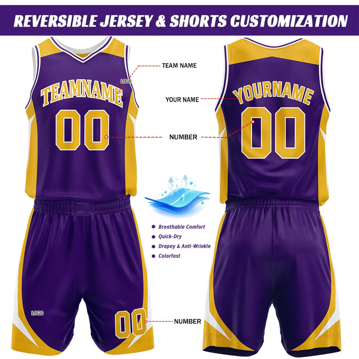 Custom Purple & Gold Reversible Basketball Jersey Short Set | Personalized Team Uniforms Set for Adult Youth