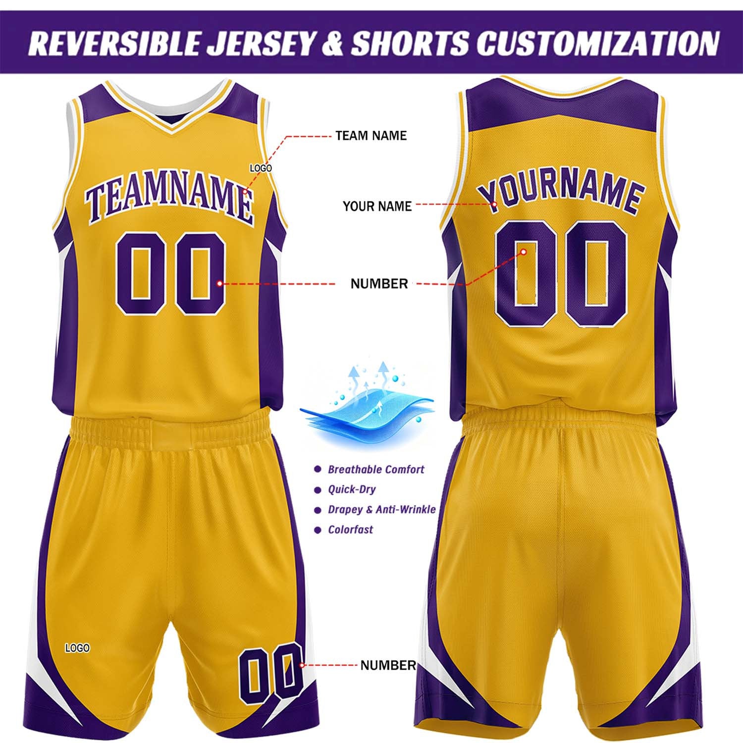 Custom Purple & Gold Reversible Basketball Jersey Short Set | Personalized Team Uniforms Set for Adult Youth