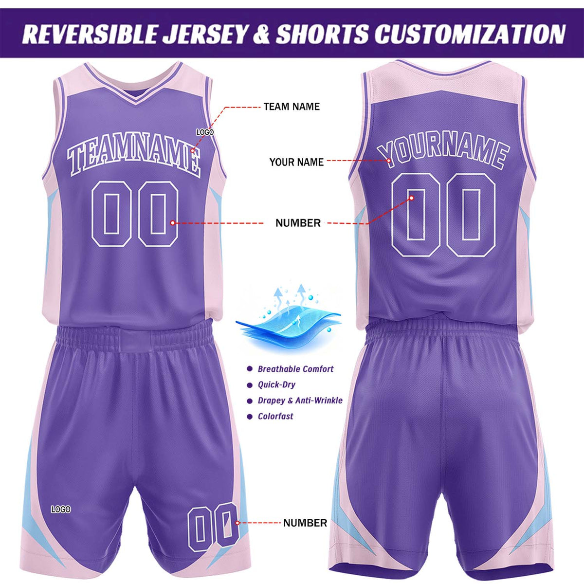 Custom Purple & Light Pink Reversible Basketball Jersey Short Set | Personalized Team Uniforms Set for Adult Youth