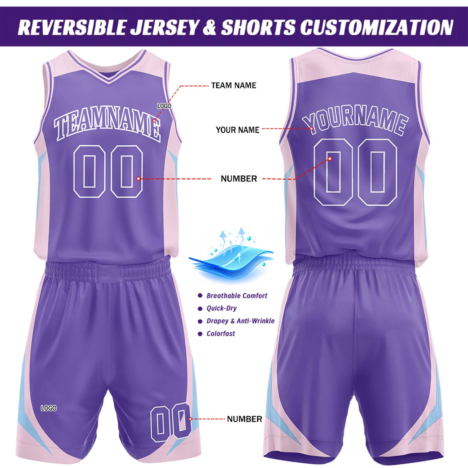 Custom Purple & Light Pink Reversible Basketball Jersey Short Set | Personalized Team Uniforms Set for Adult Youth