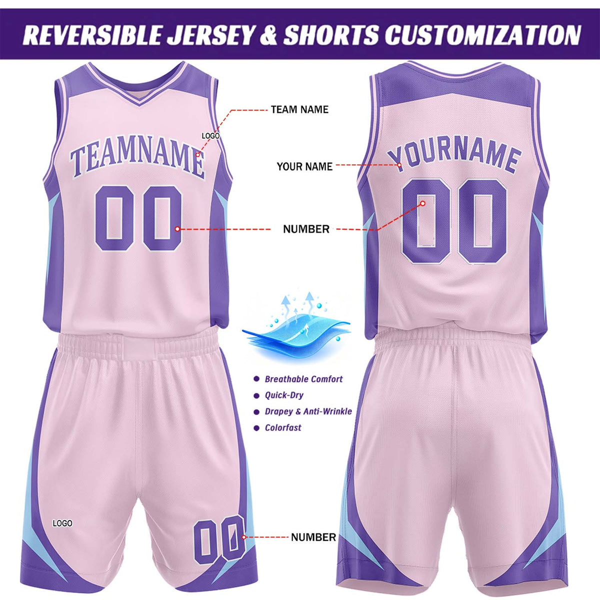 Custom Purple & Light Pink Reversible Basketball Jersey Short Set | Personalized Team Uniforms Set for Adult Youth