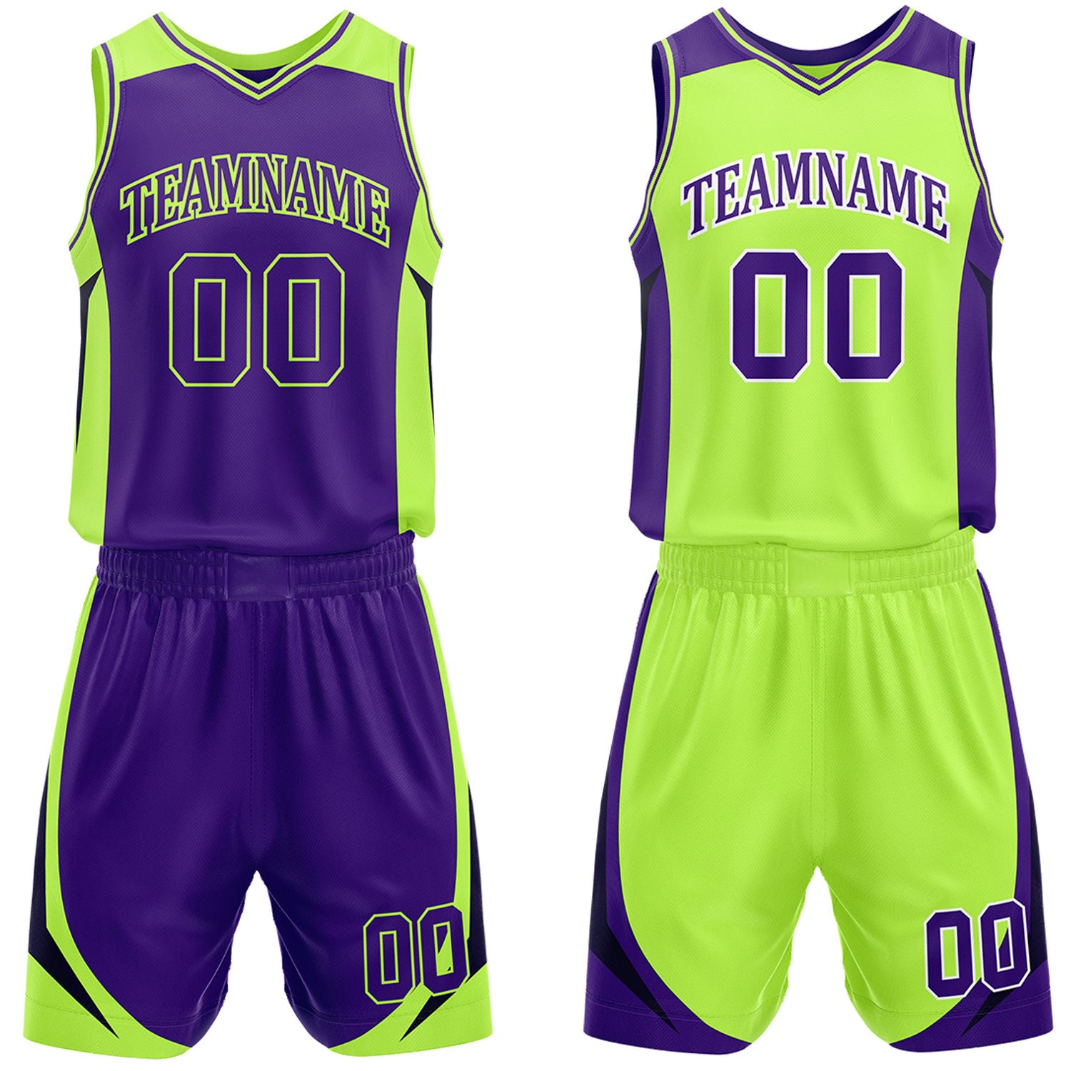 Custom purple and lime green reversible basketball uniform by Vosoli. Personalized with team name, number, and logo. Breathable mesh jersey and shorts for high school, college, and AAU teams.