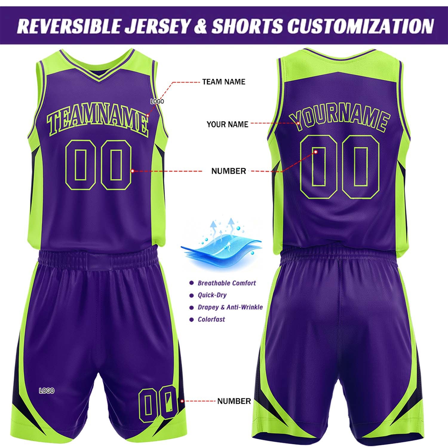 Custom Purple & Lime Green Reversible Basketball Jersey Short Set | Personalized Team Uniforms Set for Adult Youth