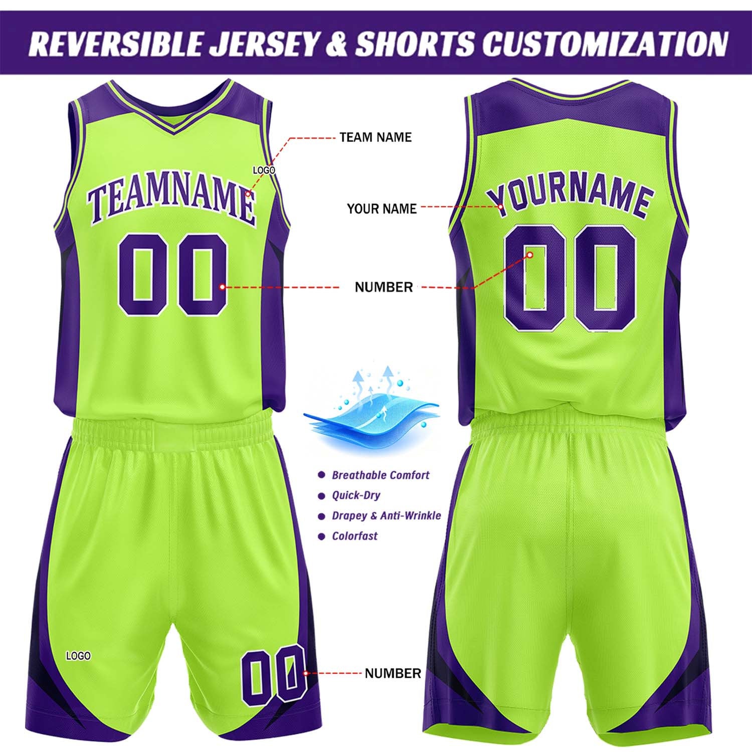 Custom Purple & Lime Green Reversible Basketball Jersey Short Set | Personalized Team Uniforms Set for Adult Youth