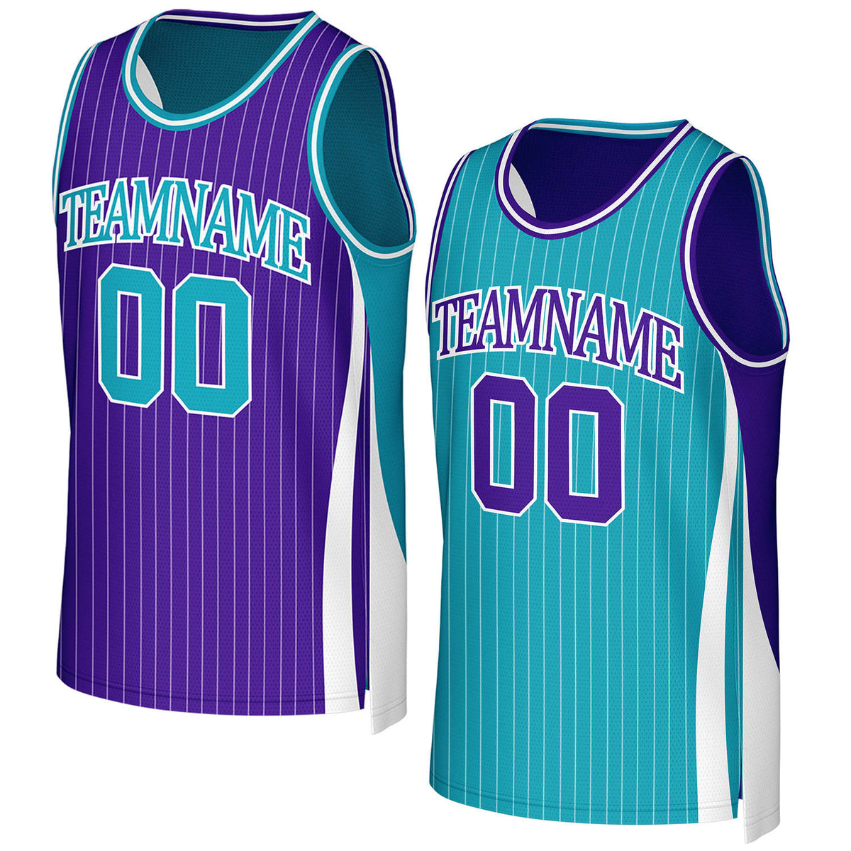 Custom purple & teal pinstripe reversible basketball jersey by Vosoli. Personalized with team name, number, and logo. Breathable mesh jersey for high school, college, AAU teams.