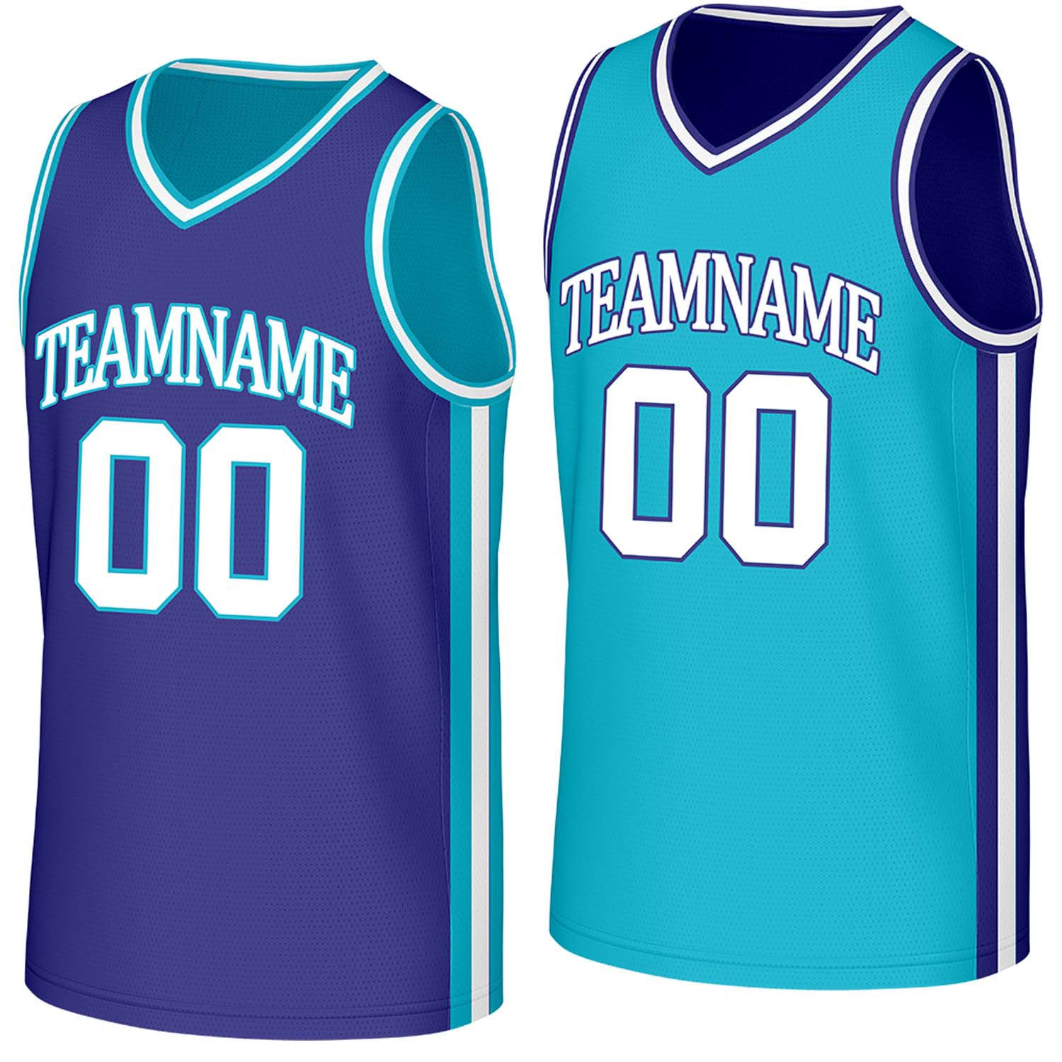 Custom purple & teal reversible basketball jersey by Vosoli | Personalized team name, number & logo | Breathable mesh reversible sport jersey