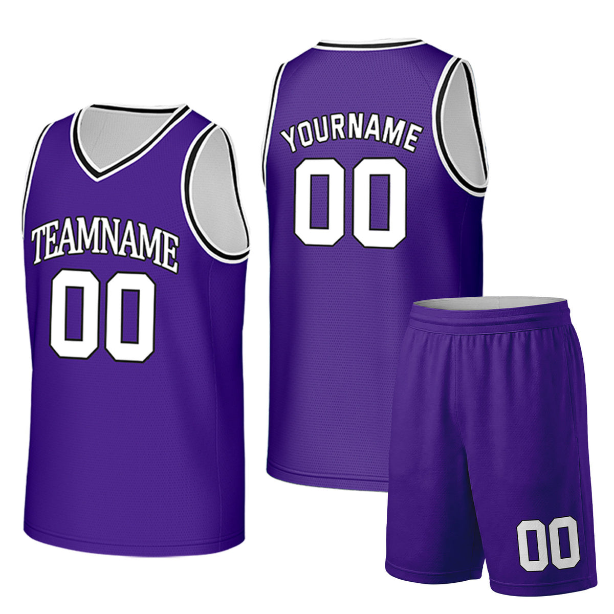 Custom purple and white basketball uniform set by Vosoli. Personalized team name, player name, number and logo. Breathable mesh jersey and shorts for high school, college and AAU teams.