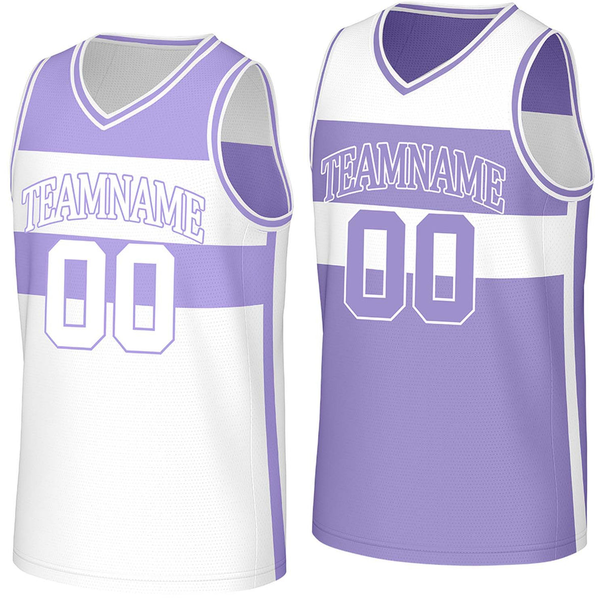 Custom purple &amp; white color‑block reversible basketball jersey by Vosoli | Personalized team name, number &amp; logo | Breathable mesh reversible sport jersey