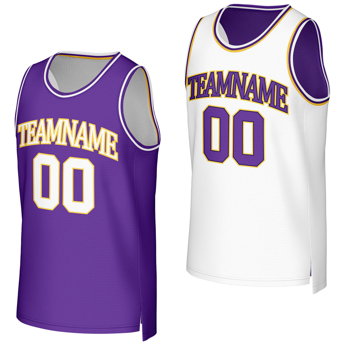Custom purple &amp; white reversible basketball jersey by Vosoli. Personalized with team name, number, and logo. Breathable mesh jersey for high school, college, AAU teams.