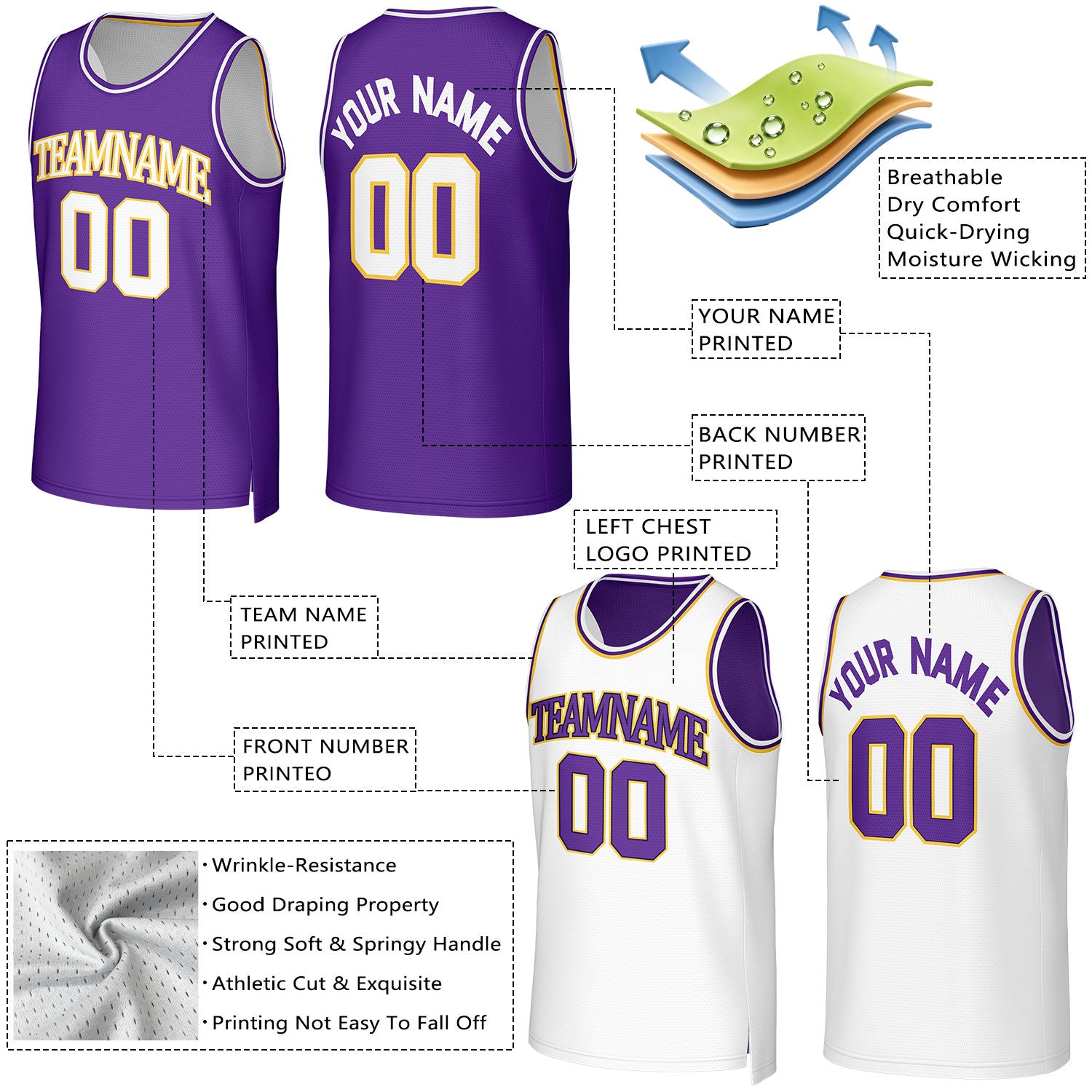 Custom Purple & White Reversible Basketball Jersey | Personalized Team Uniform Top