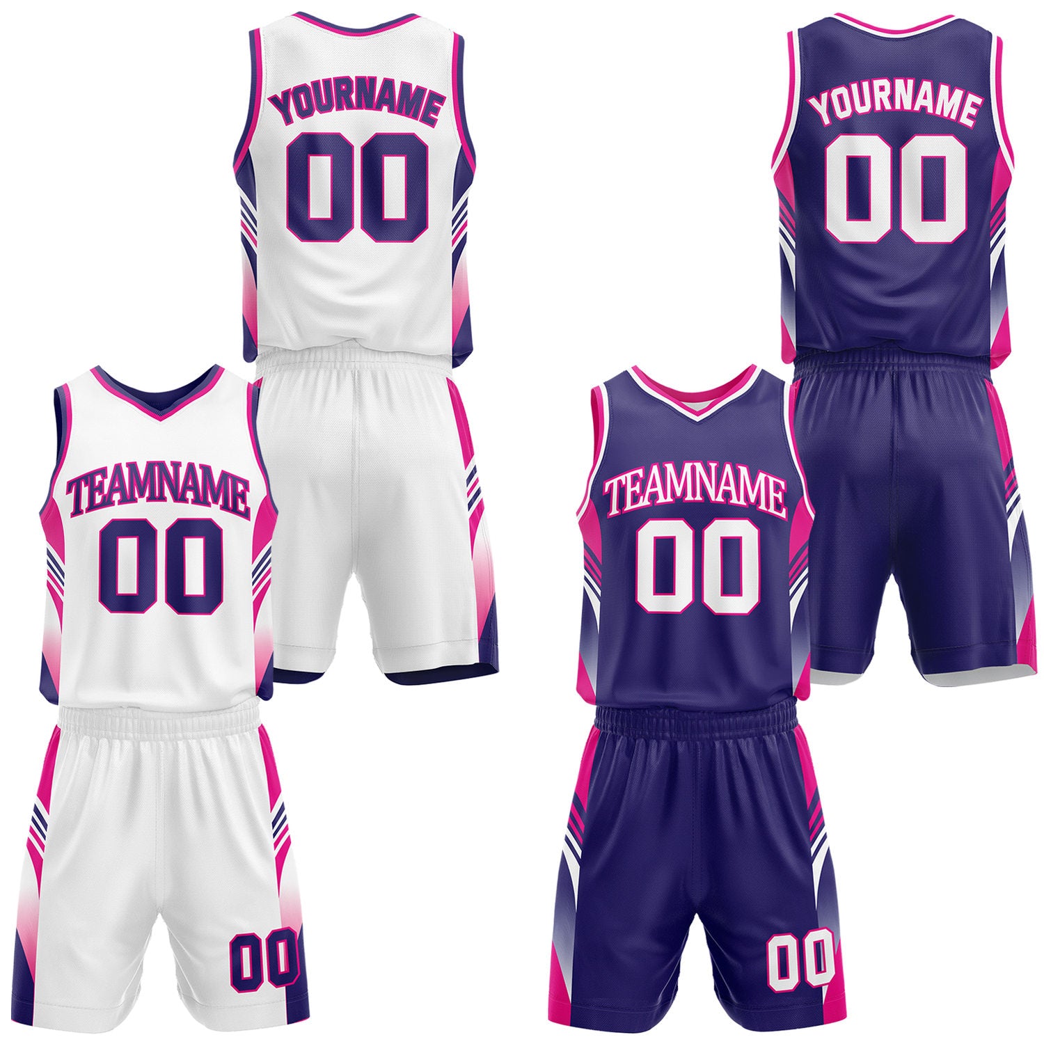 Custom purple and white reversible basketball uniform by Vosoli. Personalized with team name, number, and logo. Breathable mesh jersey and shorts for high school, college, AAU teams.