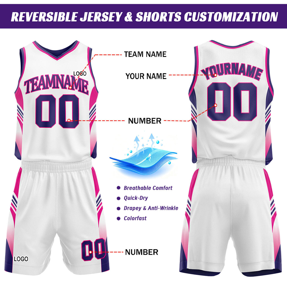 Custom Purple & White Reversible Basketball Uniform Set | Personalized Team Jersey Kit