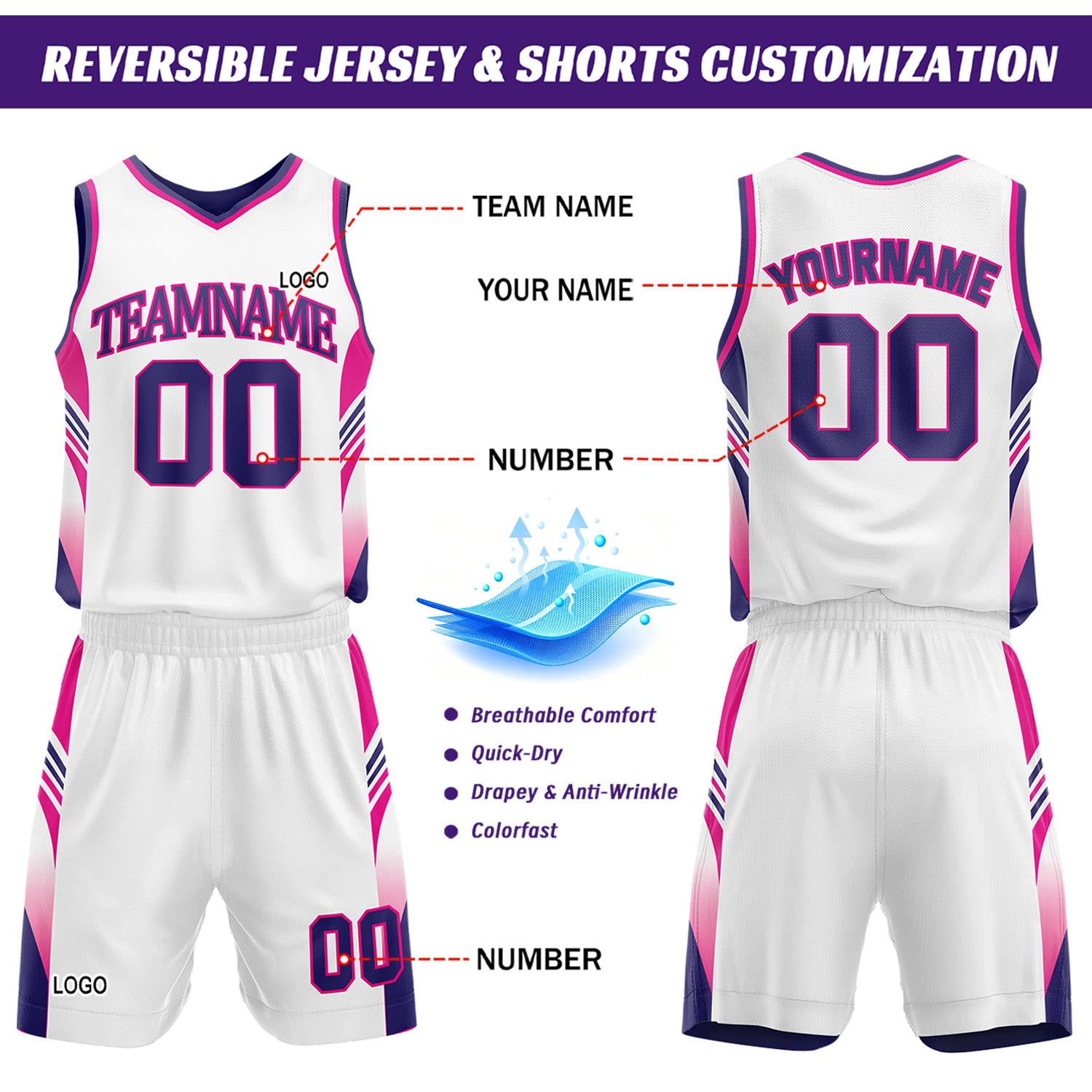 Custom Purple & White Reversible Basketball Uniform Set | Personalized Team Jersey Kit