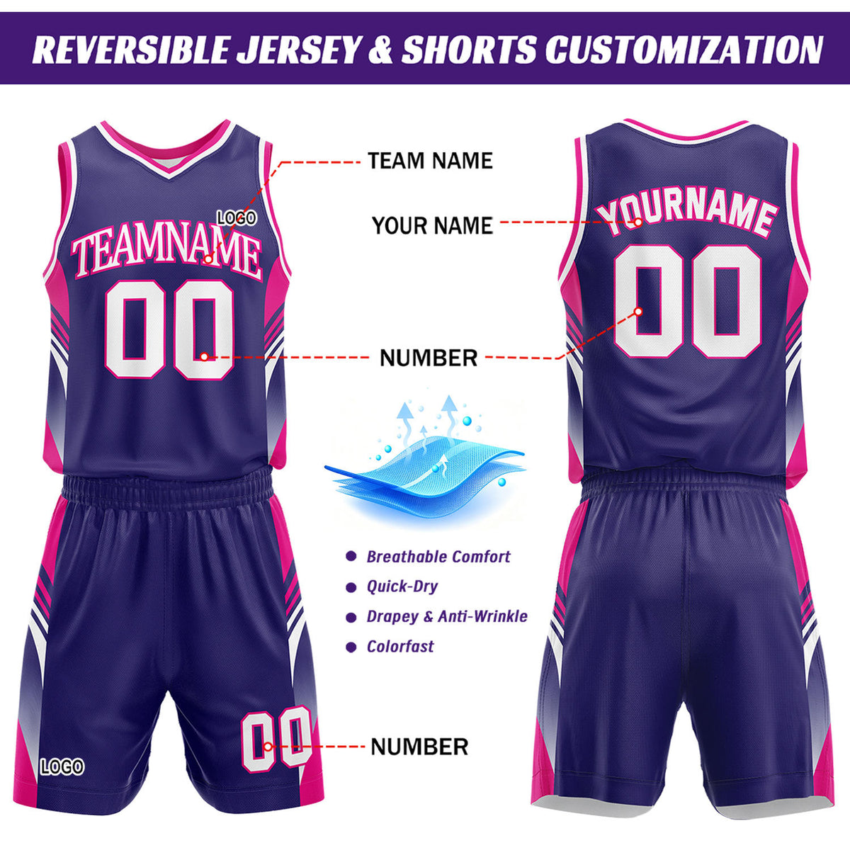 Custom Purple & White Reversible Basketball Uniform Set | Personalized Team Jersey Kit
