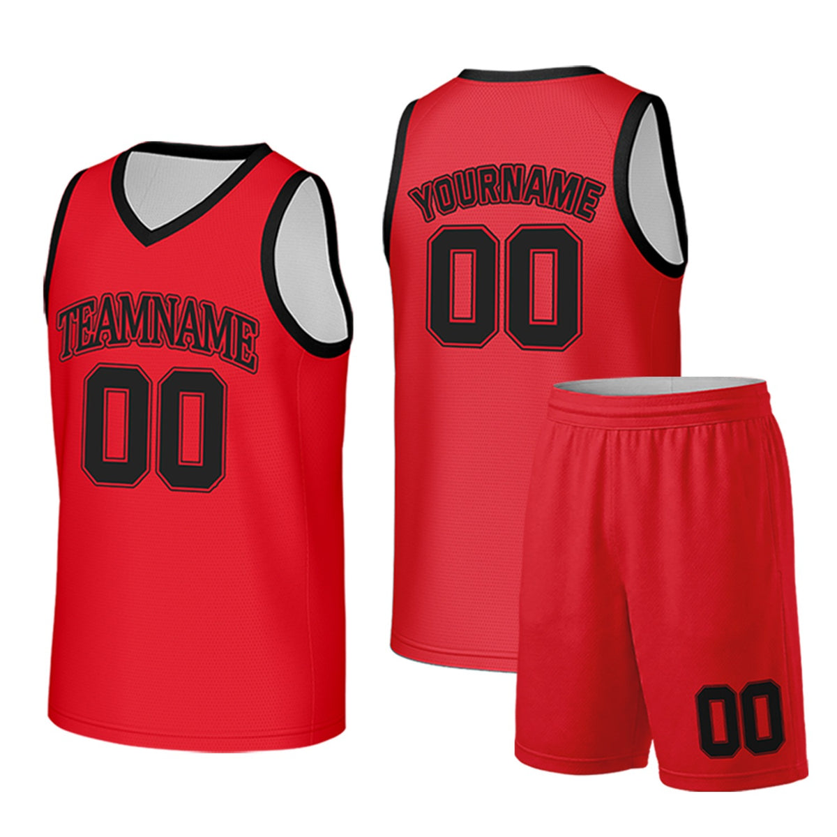 Custom red and black basketball uniform set by Vosoli. Personalized team name, player name, number and logo. Breathable mesh jersey and shorts for high school, college and AAU teams.