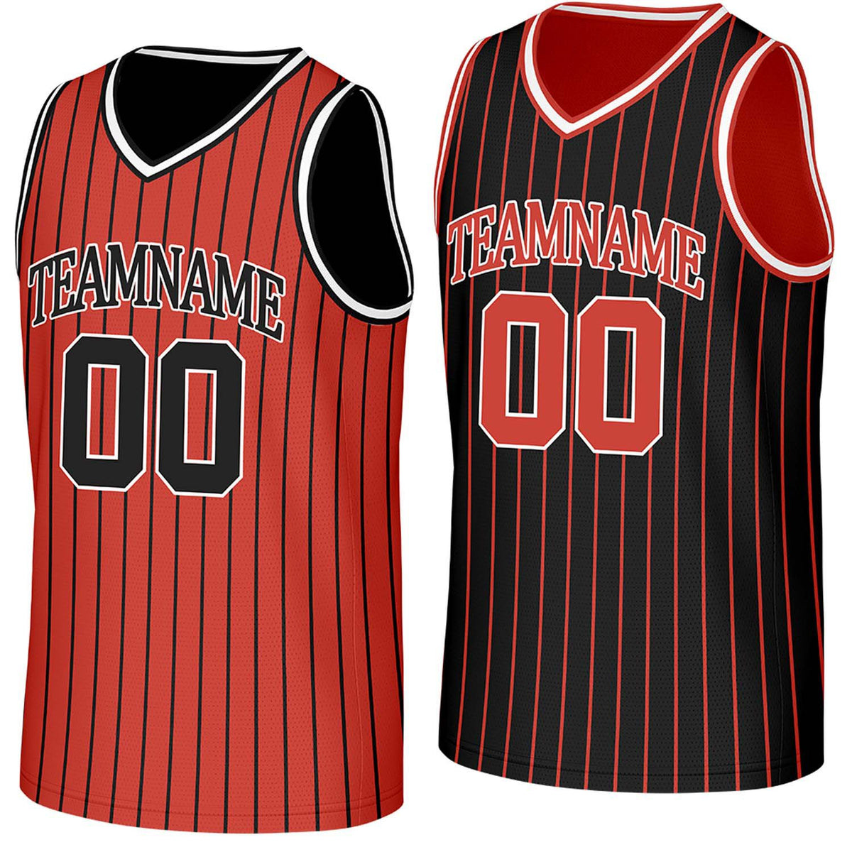 Custom red &amp; black pinstripe reversible basketball jersey by Vosoli | Personalized team name, number &amp; logo | Breathable mesh reversible sport jersey
