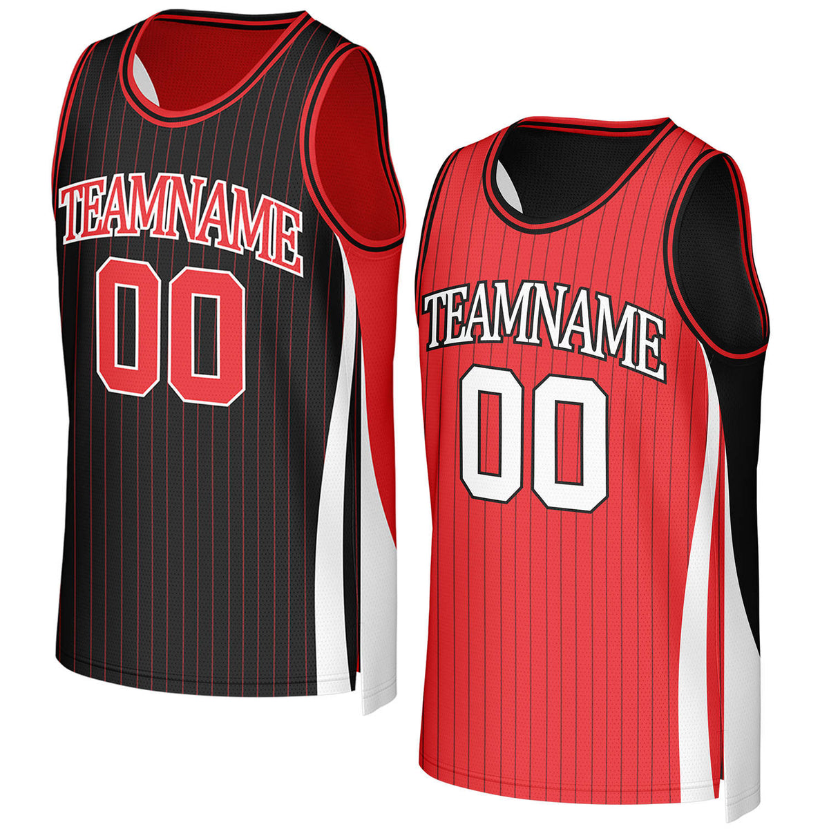 Custom red & black pinstripe reversible basketball jersey by Vosoli. Personalized with team name, number, and logo. Breathable mesh jersey for high school, college, AAU teams.