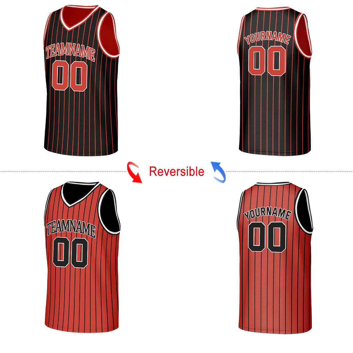 Custom Red & Black Pinstripe Reversible Basketball Jersey | Personalized Name Number Mesh Sports Jersey