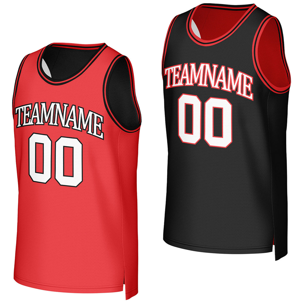 Custom red &amp; black reversible basketball jersey by Vosoli. Personalized with team name, number, and logo. Breathable mesh jersey for high school, college, AAU teams.