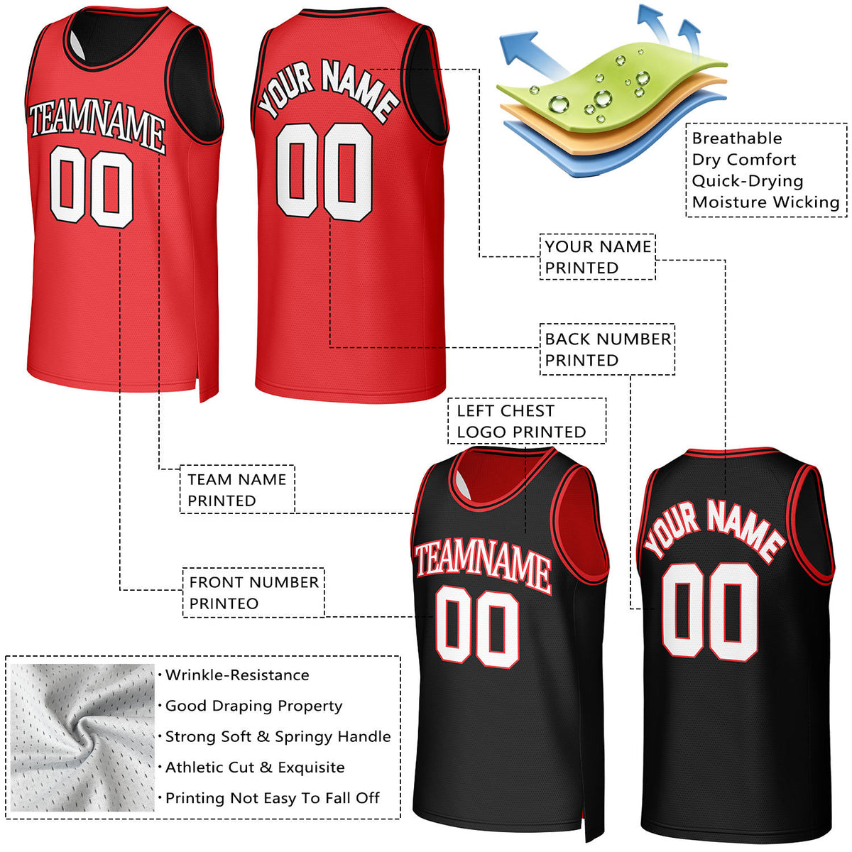 Custom Red & Black Reversible Basketball Jersey | Personalized Team Uniform Top