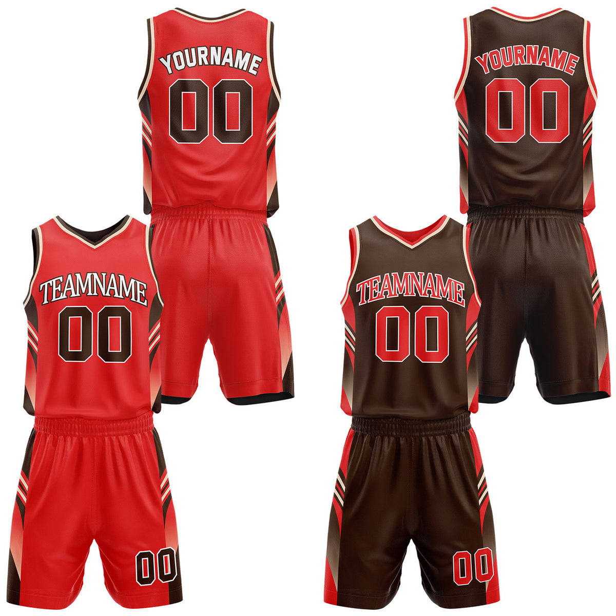 Custom red and brown reversible basketball uniform by Vosoli. Personalized with team name, number, and logo. Breathable mesh jersey and shorts for high school, college, AAU teams.