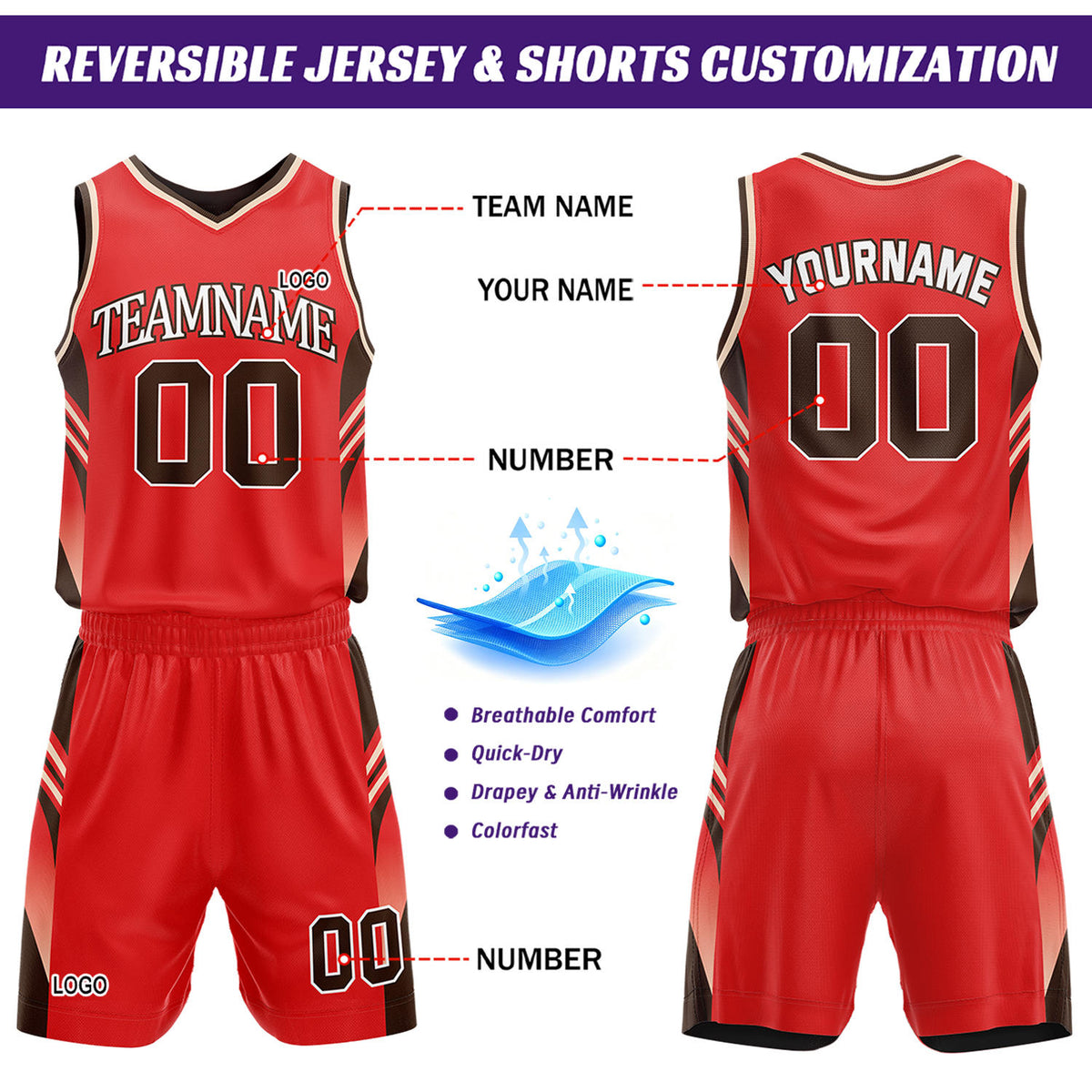 Custom Red & Brown Reversible Basketball Uniform Set | Personalized Team Jersey Kit