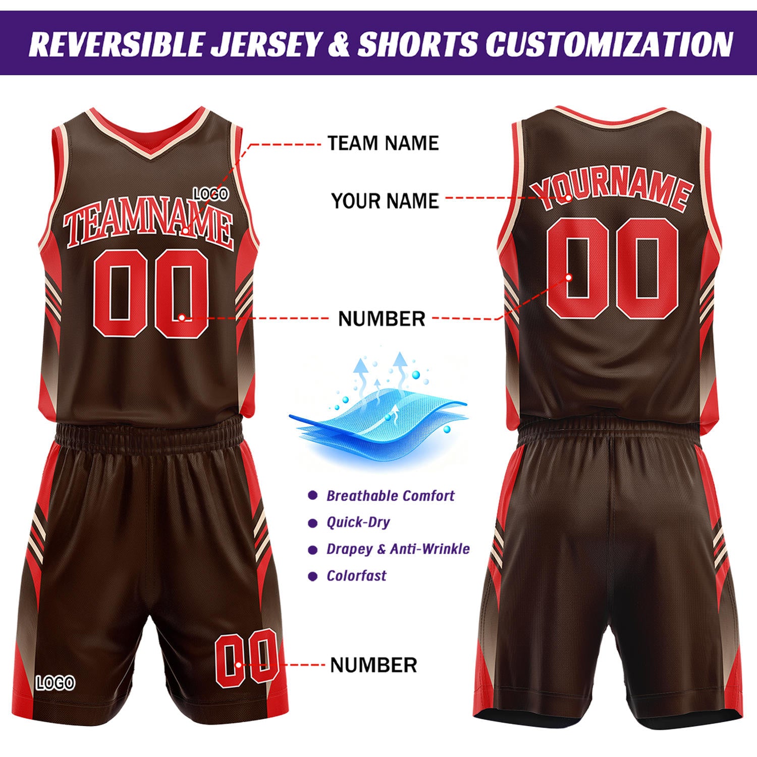 Custom Red & Brown Reversible Basketball Uniform Set | Personalized Team Jersey Kit