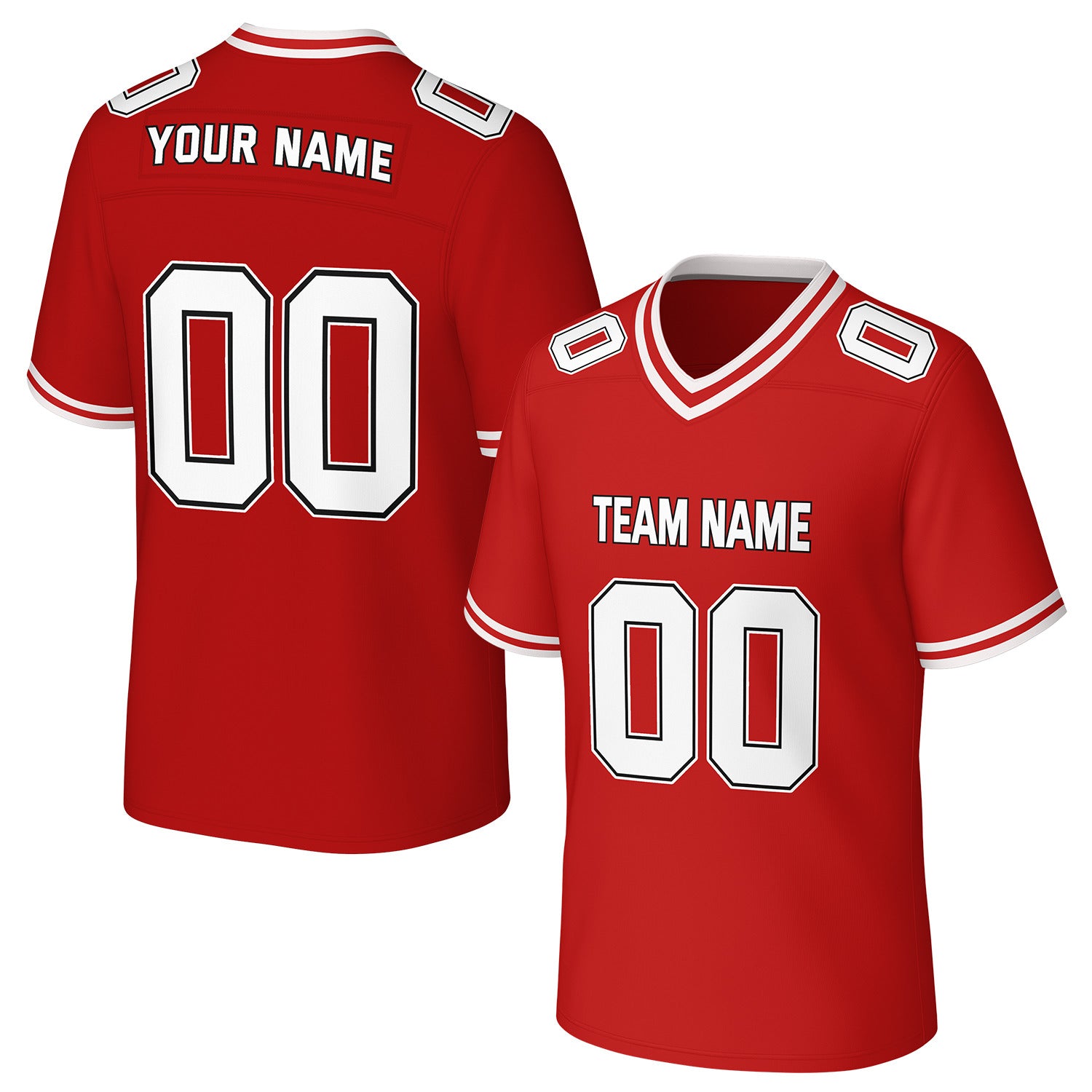 Custom red & white football jersey by Vosoli. Personalized with team name, number, and logo. Breathable mesh jersey for high school, college, football teams.