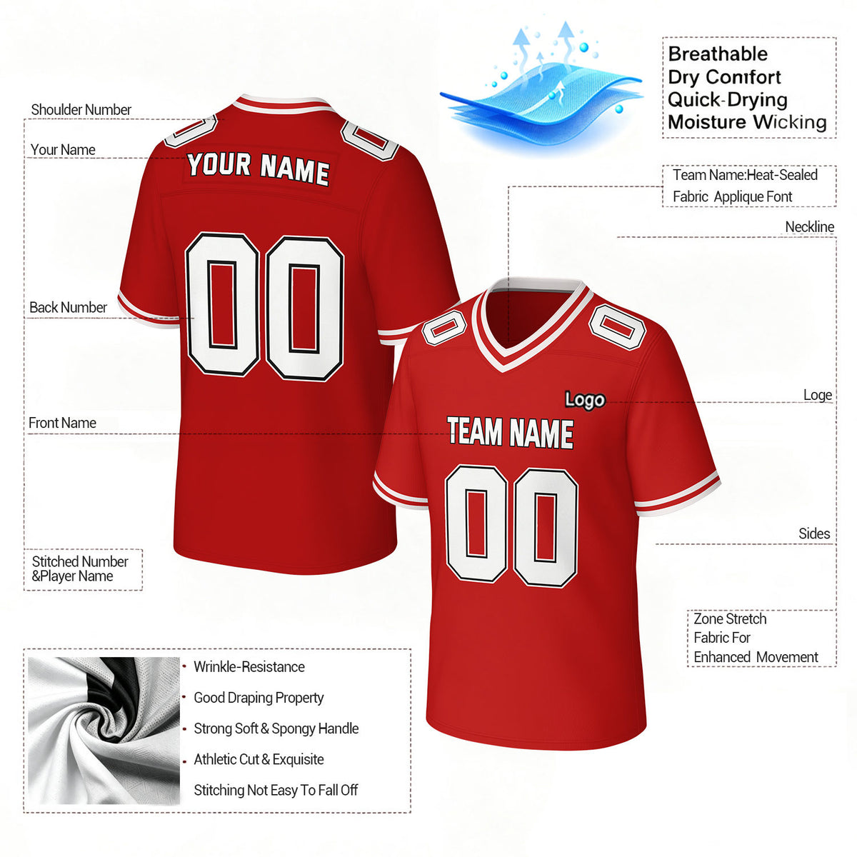 Custom Red & White Football Jersey | Personalized Football Team Uniform Top