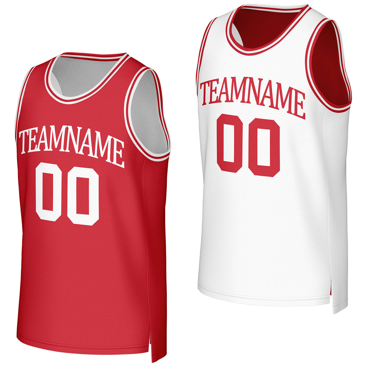 Custom red &amp; white reversible basketball jersey by Vosoli. Personalized with team name, number, and logo. Breathable mesh jersey for high school, college, AAU teams.