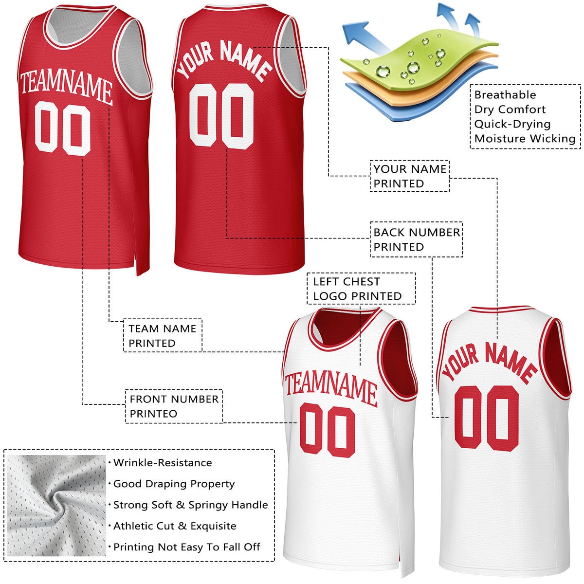Custom Red & White Reversible Basketball Jersey | Personalized Team Uniform Top