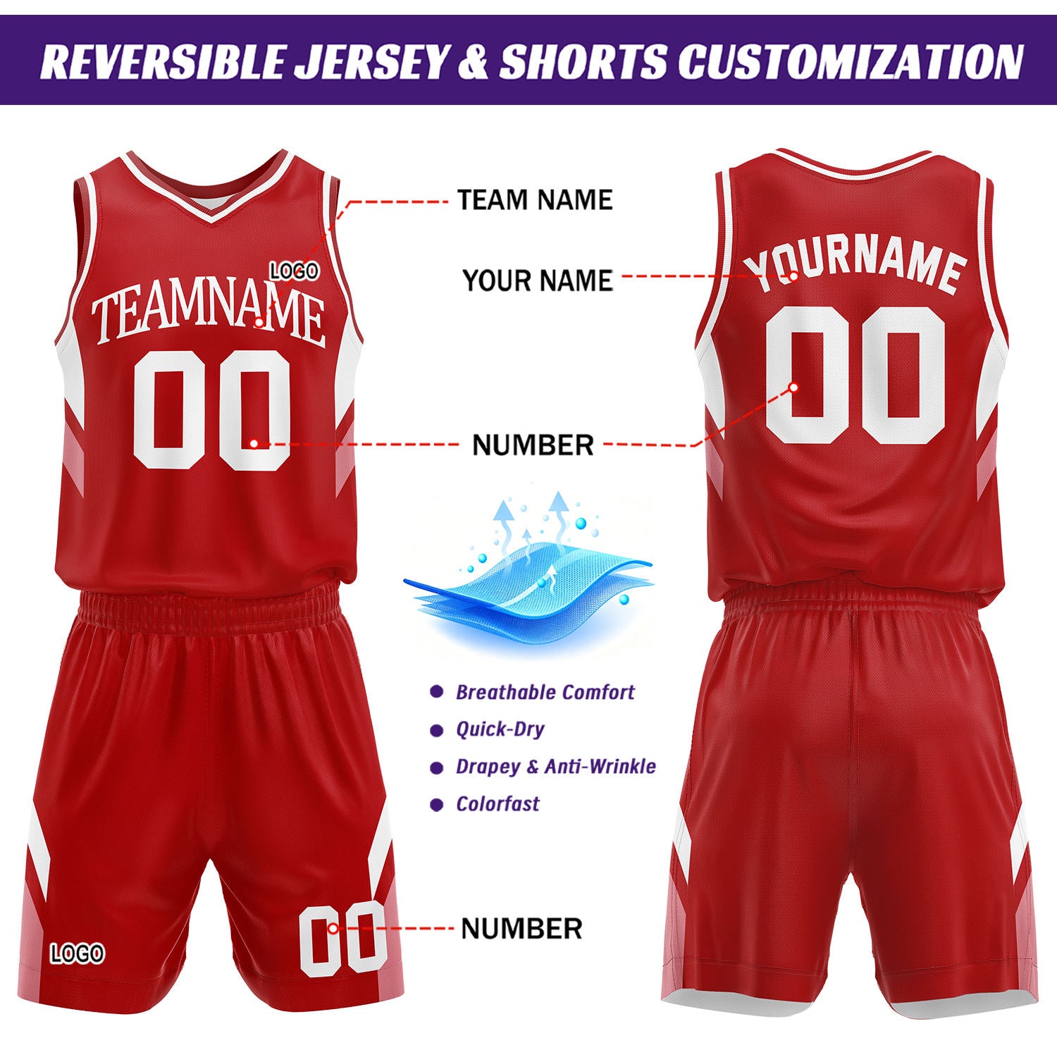 Custom Red & White Reversible Basketball Uniform Set | Personalized Name Number Jersey & Shorts for Adult & Youth