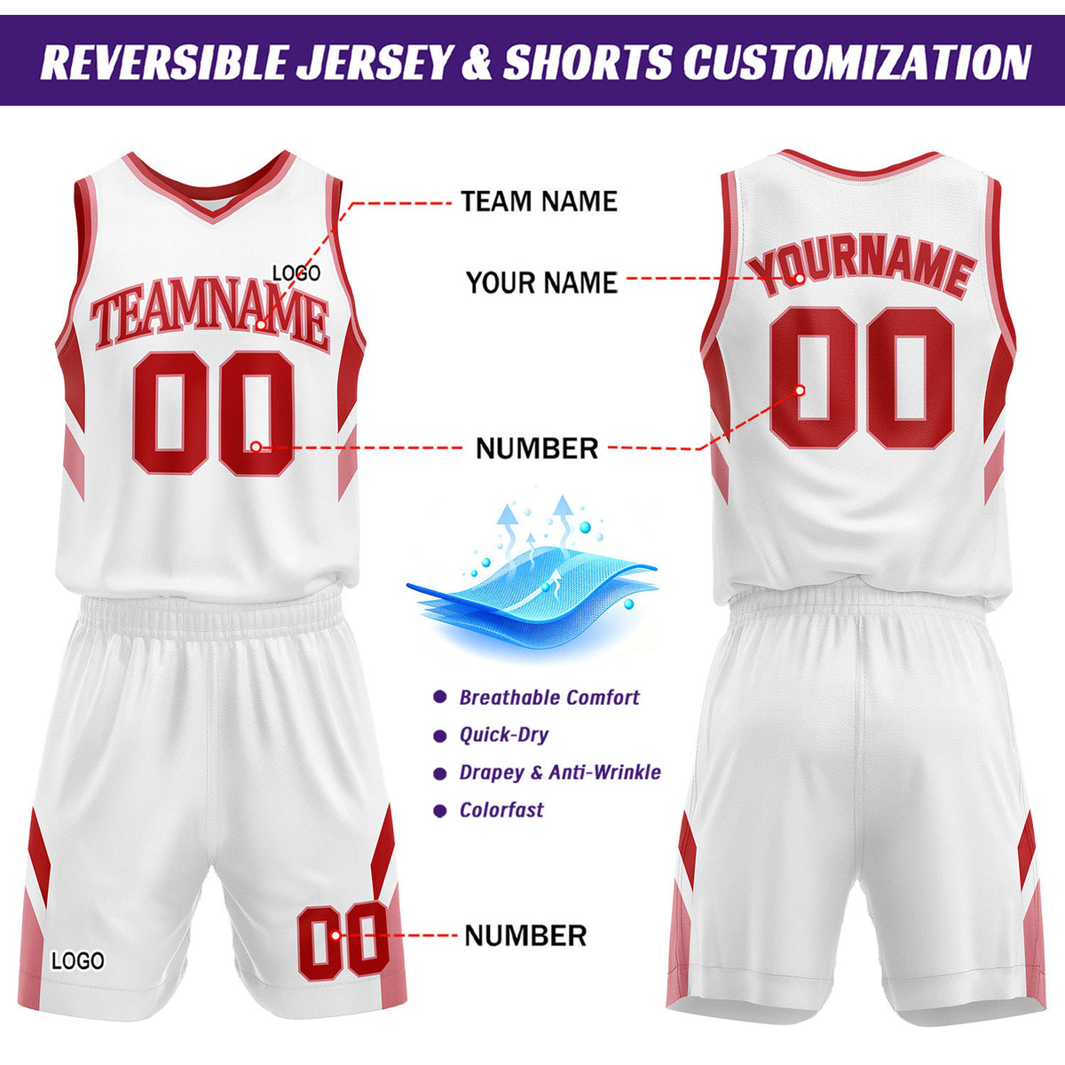 Custom Red & White Reversible Basketball Uniform Set | Personalized Name Number Jersey & Shorts for Adult & Youth