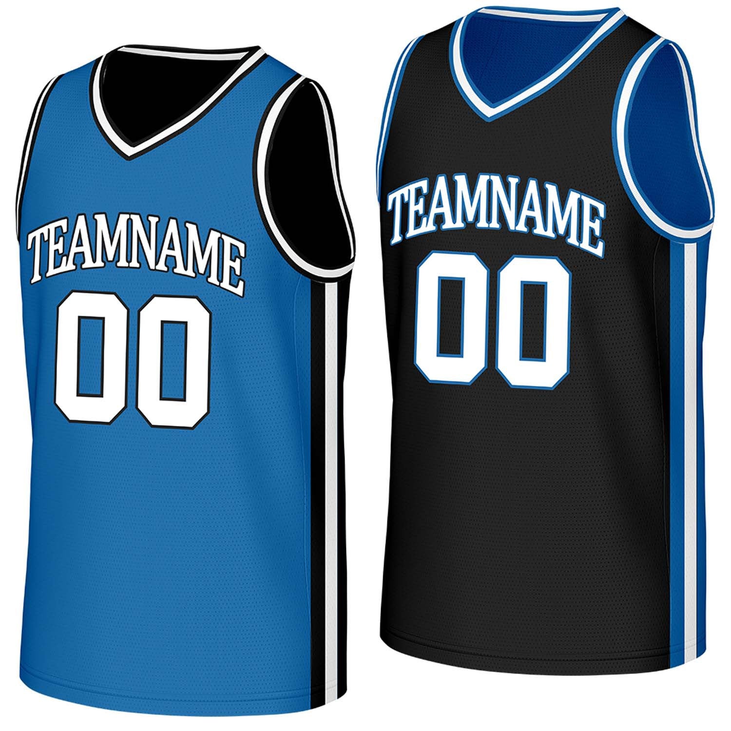Custom royal blue & black reversible basketball jersey by Vosoli | Personalized team name, number & logo | Breathable mesh reversible sport jersey